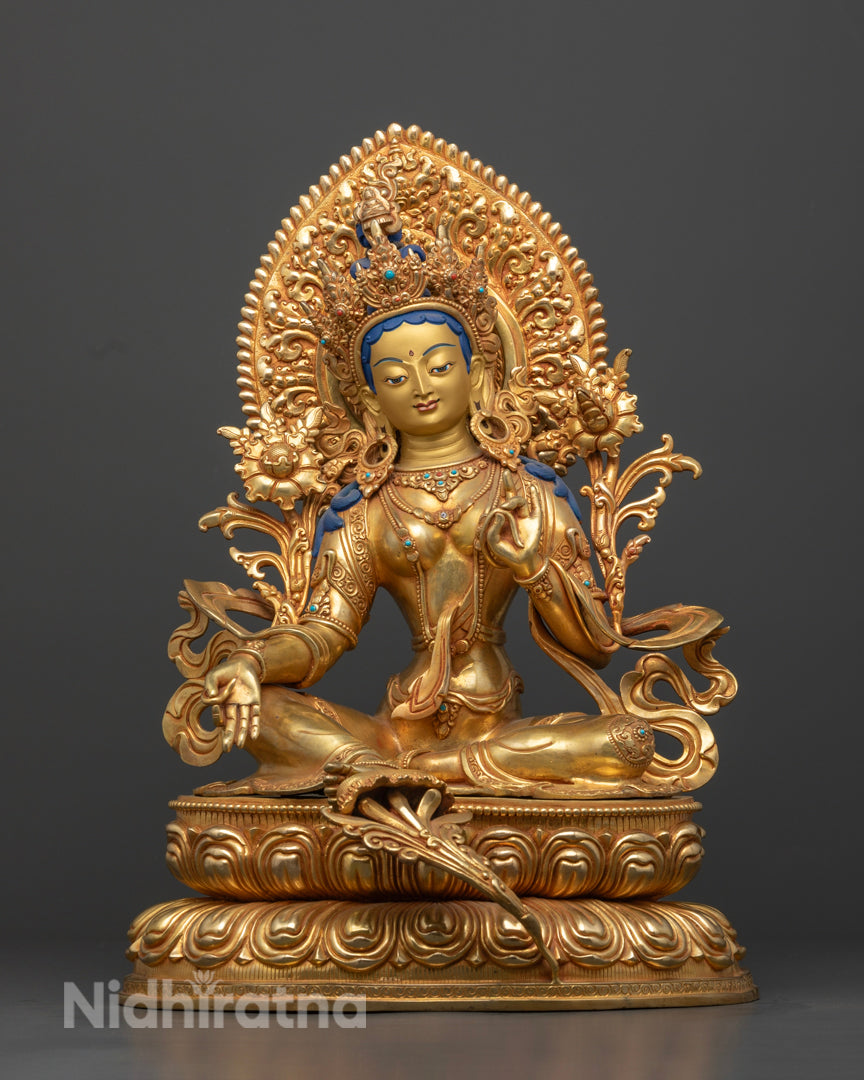 Handcrafted 24k Gold Glided Green Tara Statue with Halo|Handcrafted 24k Gold Glided Green Tara Statue with Halo
