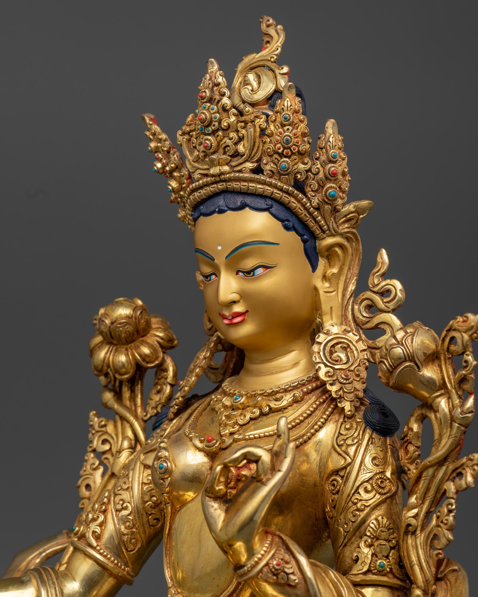 Green Tara Statue | 24K Gold Gilded Buddhist Goddess Sculpture