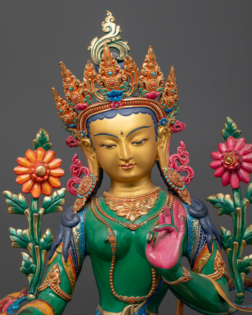 Colored Green Tara Statue: Symbol of Buddhist Compassion