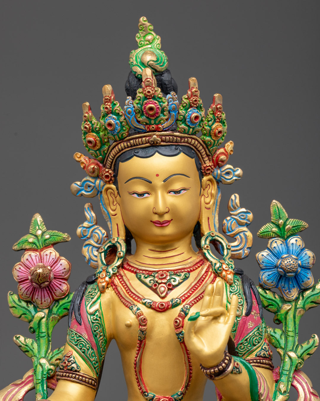 Painted Green Tara Statue | Hand-Carved Tibetan Sculpture
