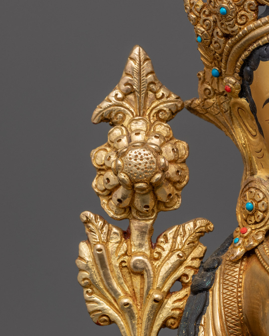 Peaceful Buddhist Green Tara Statue | 24k Gold Fire Gilded