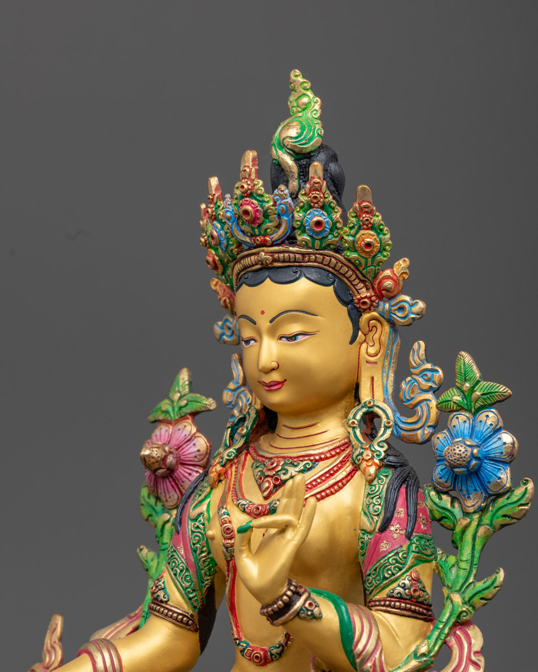 Painted Green Tara Statue | Hand-Carved Tibetan Sculpture