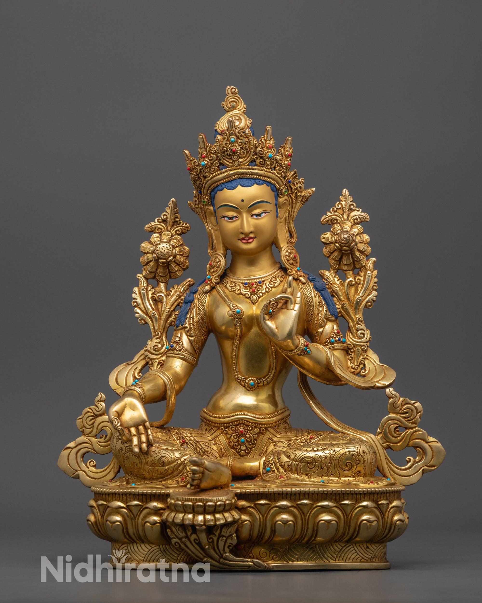 Handmade Green Tara Statue | Fire-Gilded Himalayan Goddess