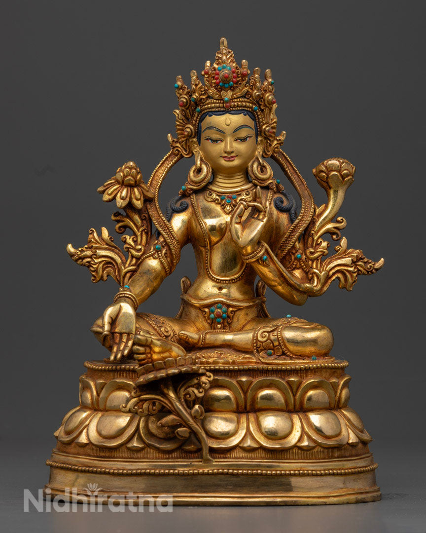 Green Tara Female Bodhisattva Statue | Gold-Glided Green Tara