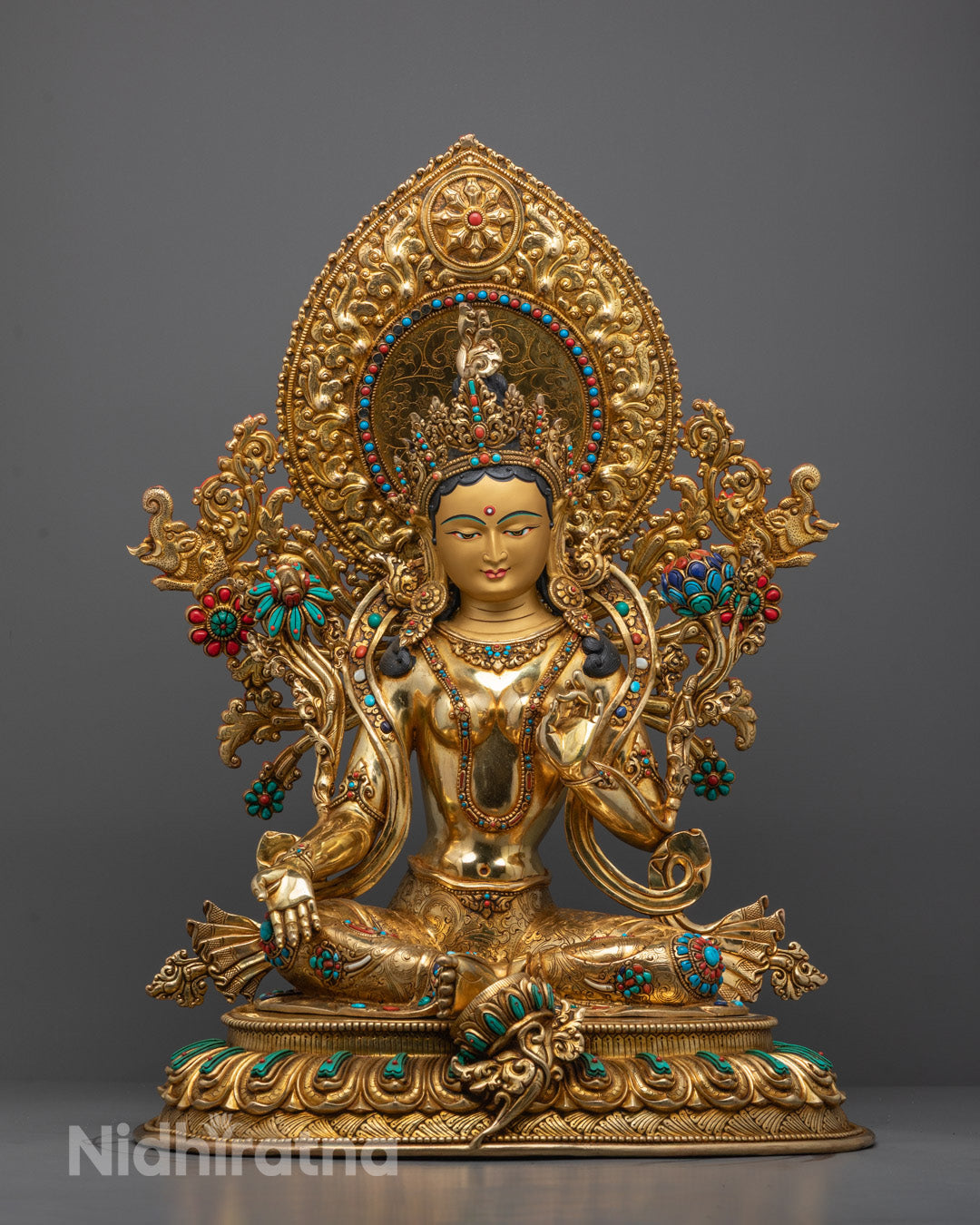 Front Handcrafted Green Tara Sculpture with 24k Gold-Gilded Face and Copper Base