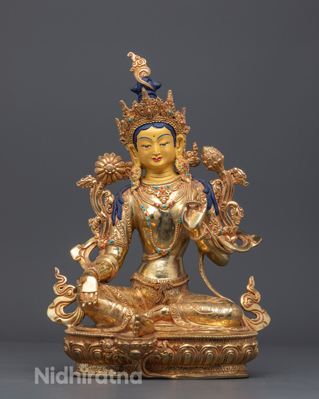 Supreme Mother Green Tara Statue with 24K gold-gilded face and gold fire-gilded body handcrafted using lost wax method