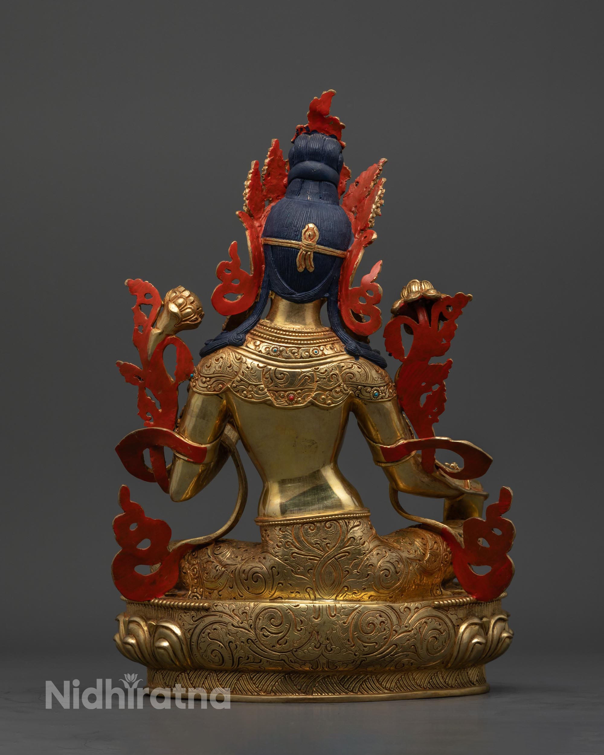 Green Tara Statue | 24K Gold Gilded Buddhist Goddess Sculpture