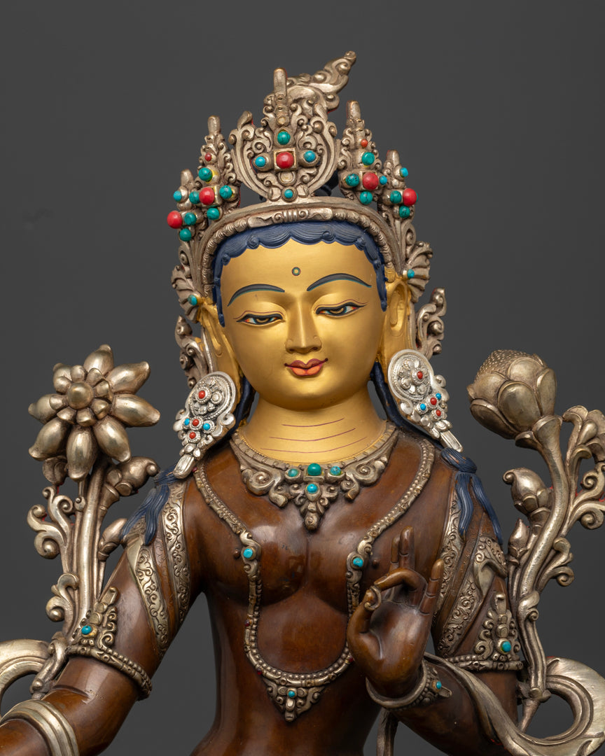 The gold coated face of green tara statue with oxidixed body | Green Tara goddess statue | Sacred Green Tara statue
