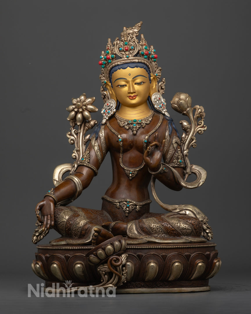Oxided and gold coated green tara statue | Green Tara statue for sale | Bodhisattva Green Tara statue |