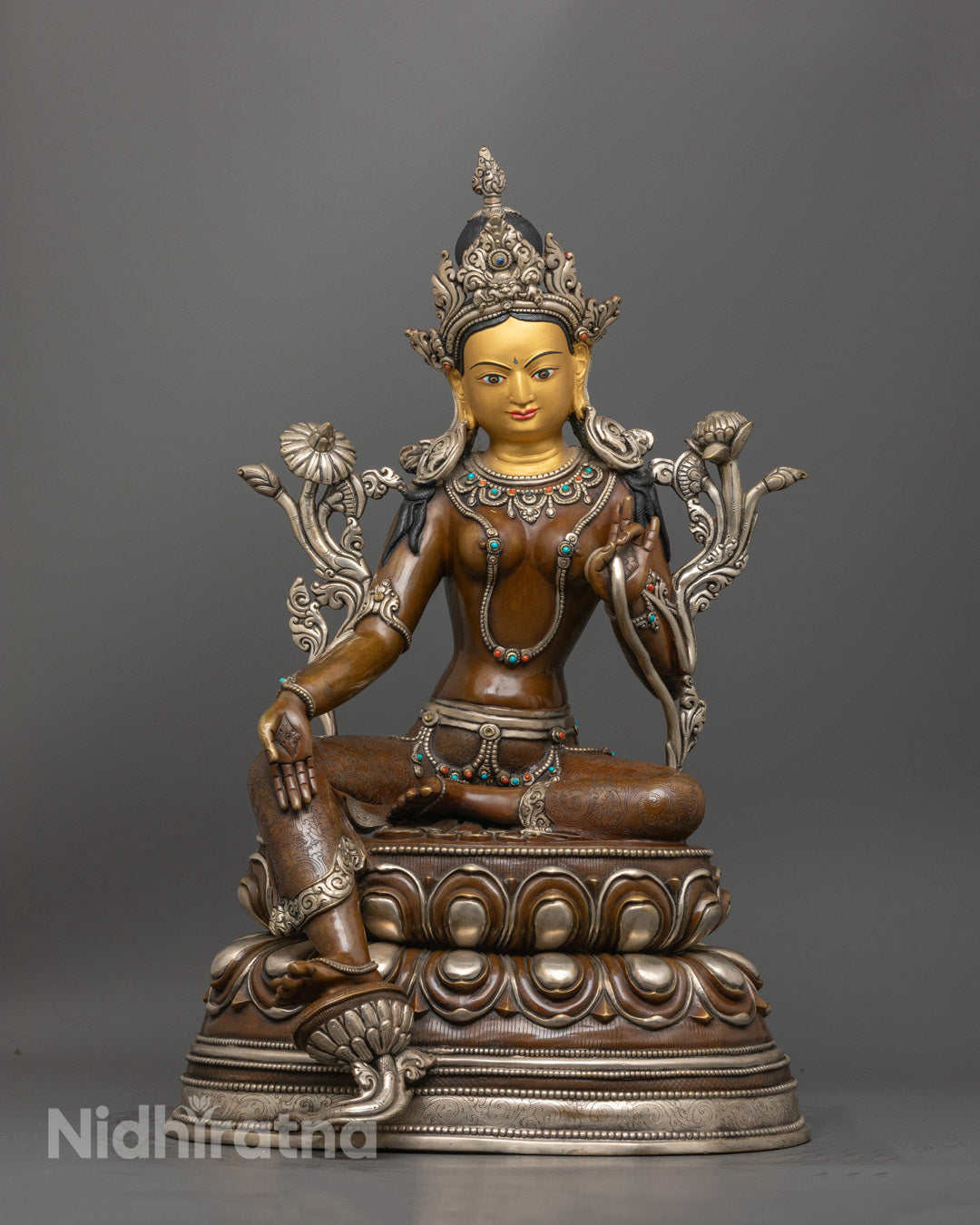 Green Tara Statue with Silver and Gold | Himalayan Goddess Tara