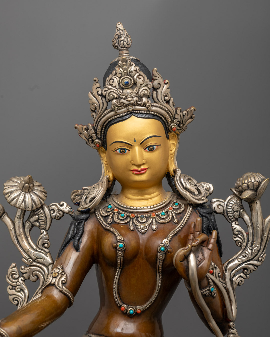 Green Tara Statue with Silver and Gold | Himalayan Goddess Tara