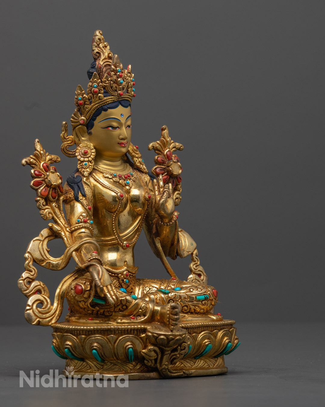 Green Tara Statue: Enlightened Compassion in 24K Gold & Acrylic | Mantra-Filled Sacred Art from Nepal