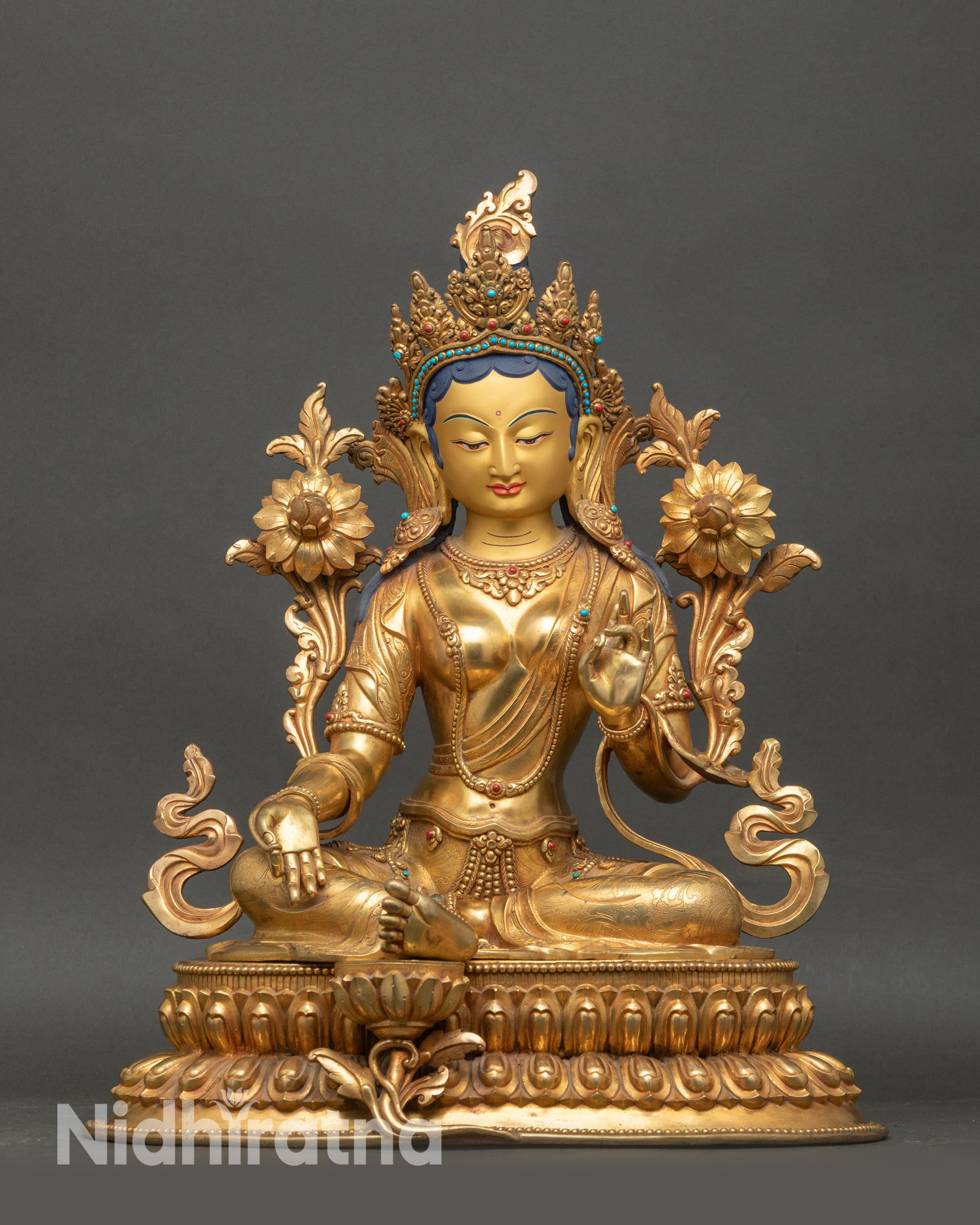 Green Tara Bodhisattva statue, handcrafted Nepalese copper with gold fire-gilding