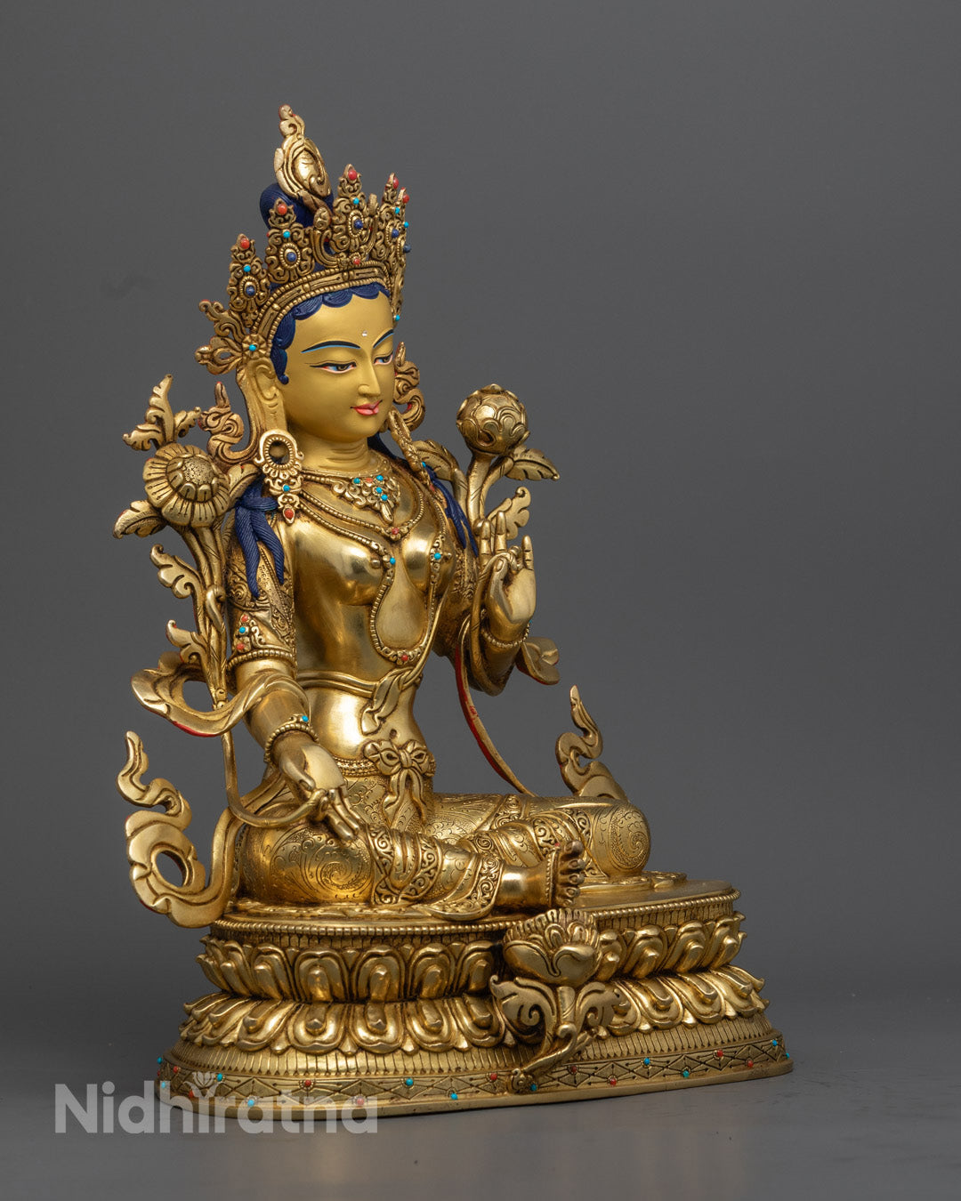 Green Tara Figurine in Gold-Gilded Copper – Tibetan Buddhist Altar Statue