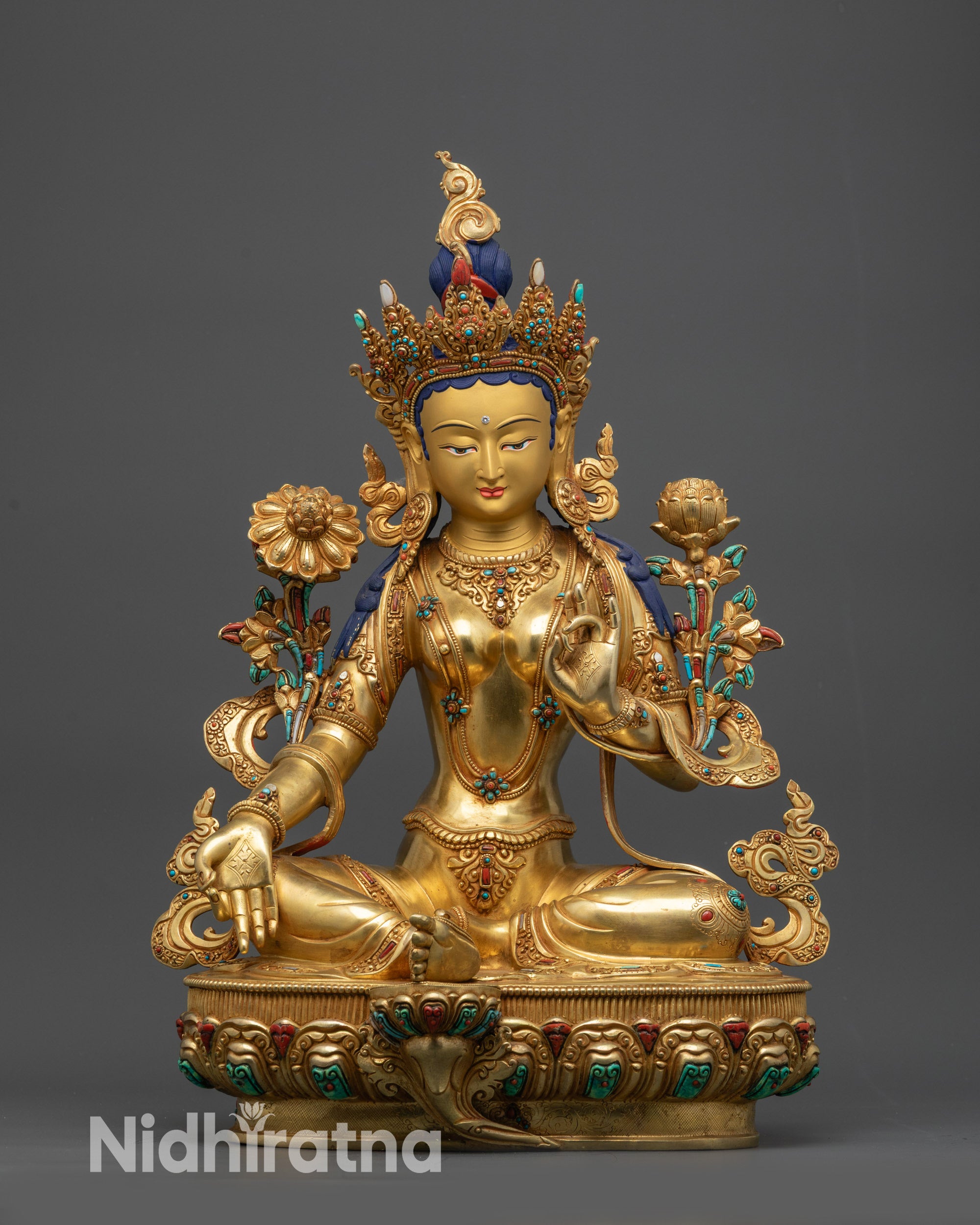 Green Tara Sculpture front view with gold-gilded base and intricate lotus seat jewelry