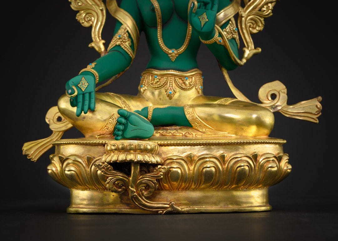 Green Tara Statue | 24K Gold-Gilded Copper for Altars
