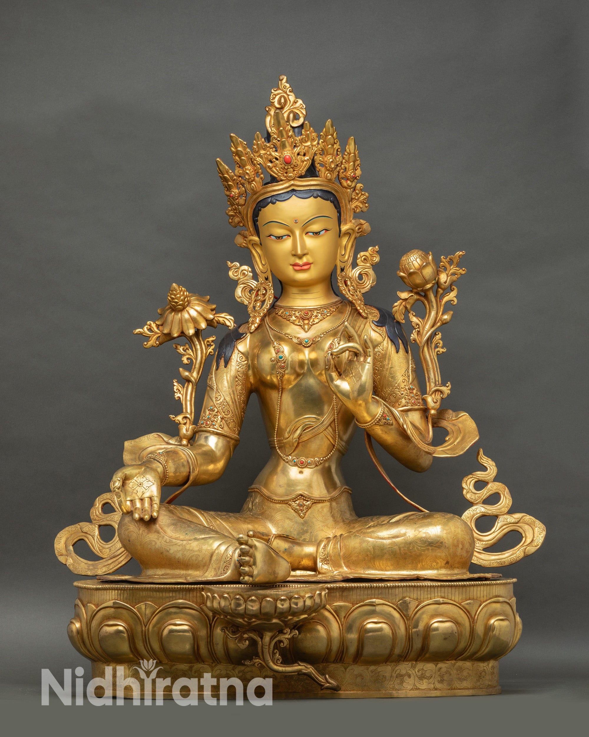 Green Tara Statue – Full Front View | Life-Size Copper Buddhist Goddess Figurine in Lalitasana