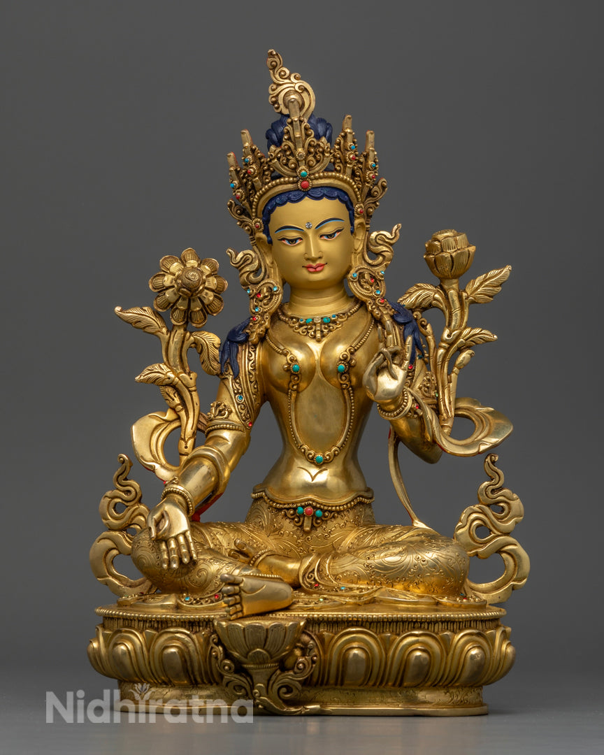Green tara Statue Holding utapala Flower | 24k Gold Glided Green tara Statue | Seated on meditative posture