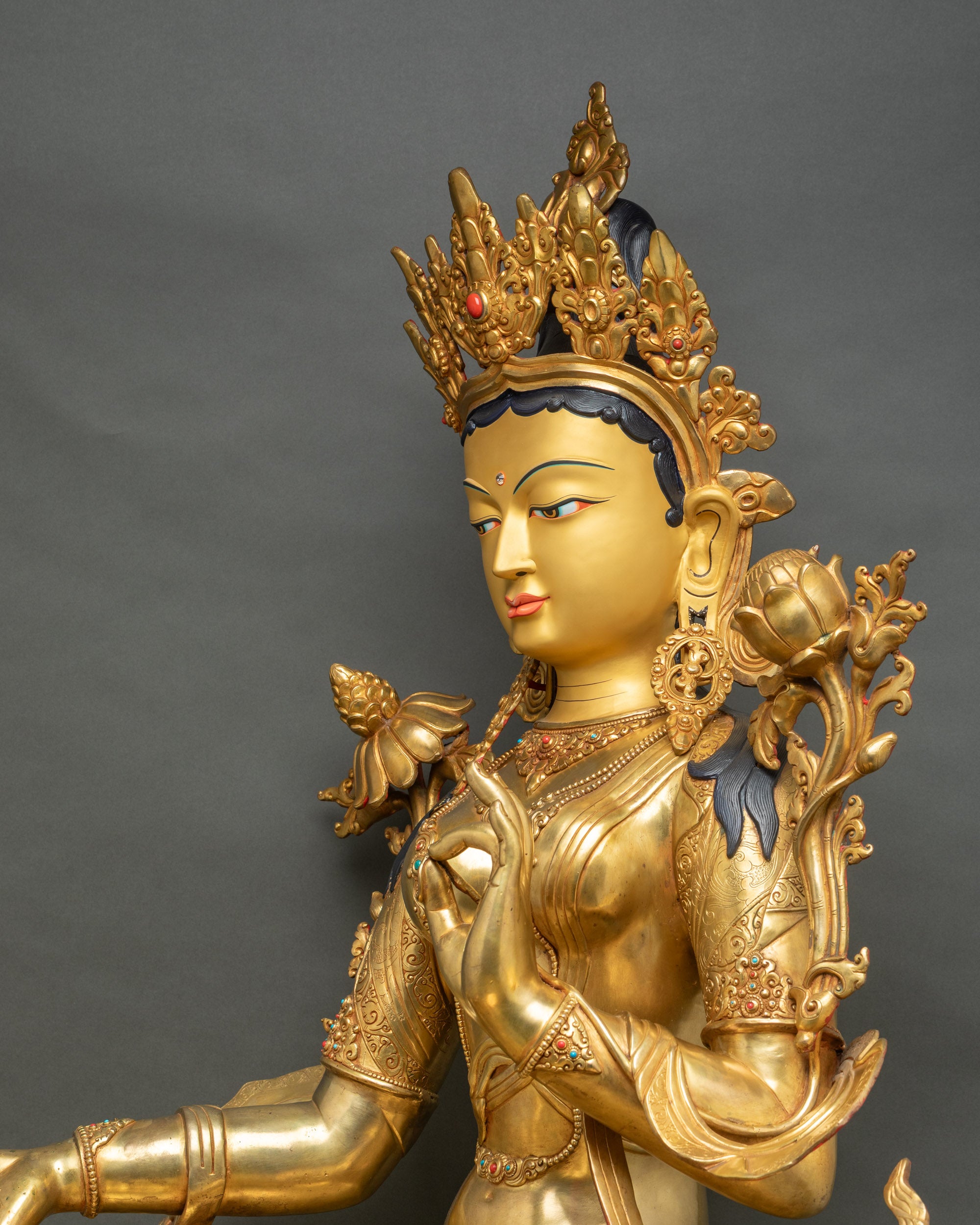 Green Tara Statue Side Close-Up – Intricate Copper Casting & Fire-Gilded Robe Details