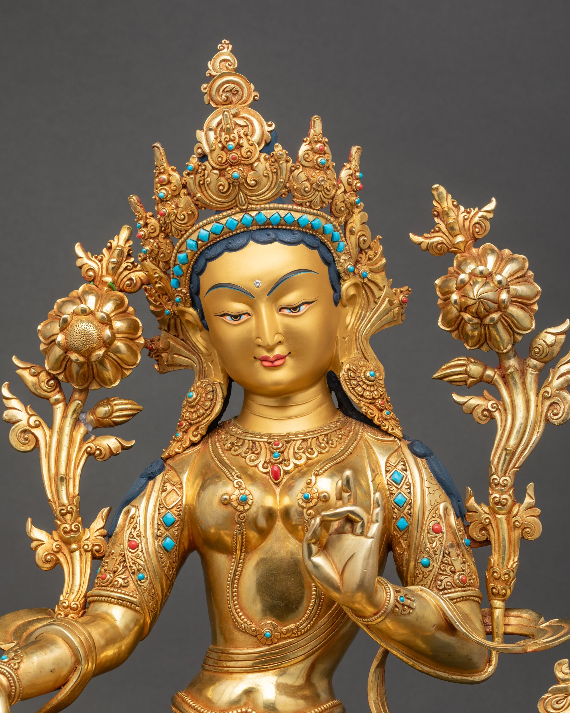 Green Tara Statue close up detailed gold fire-gilded craftsmanship