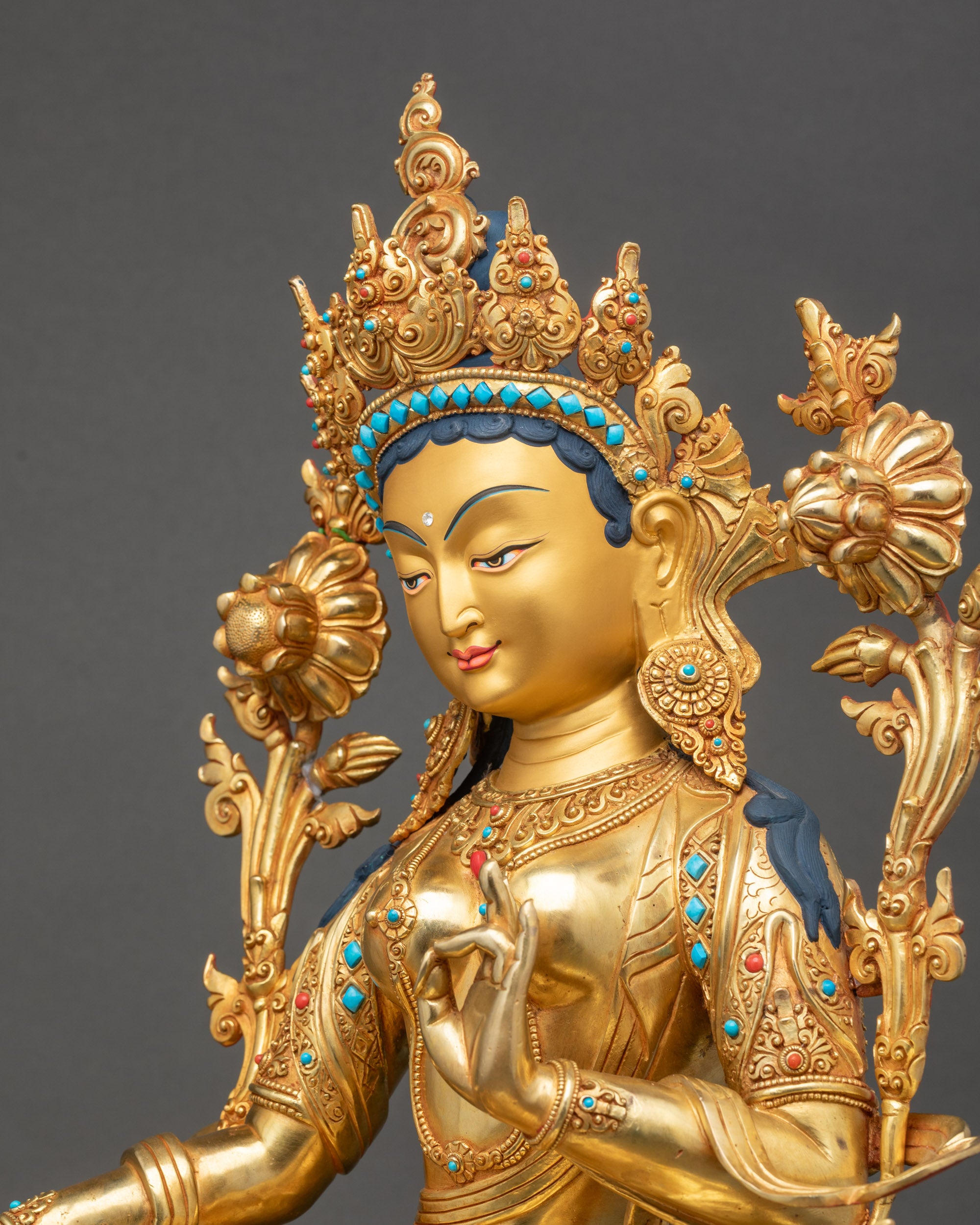 Green Tara Statue detailed side view lotus base and jewelry details