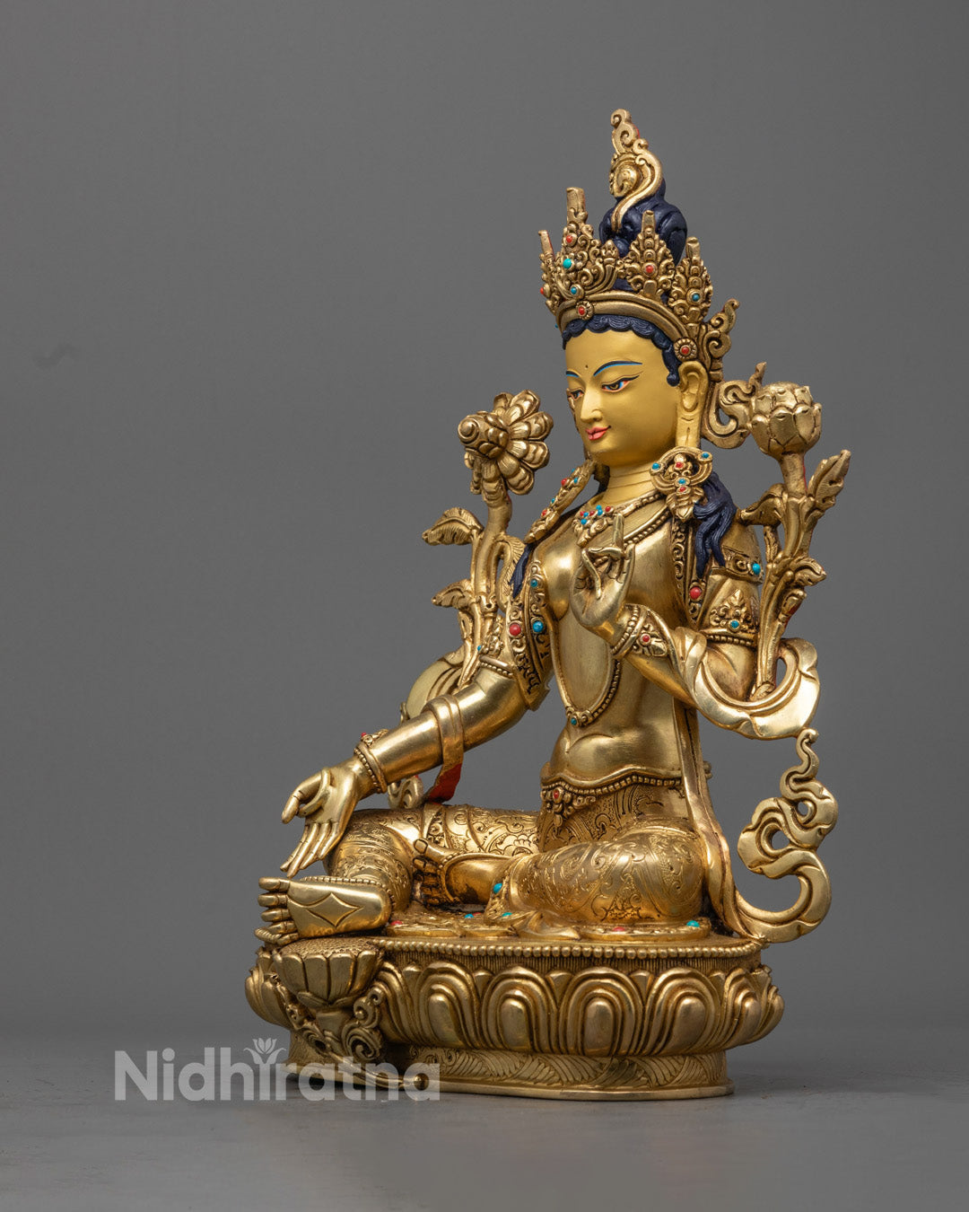 Green Tara Statue, featuring intricate 24K gold gilding and semi-precious stones, perfect for meditation and spiritual practices