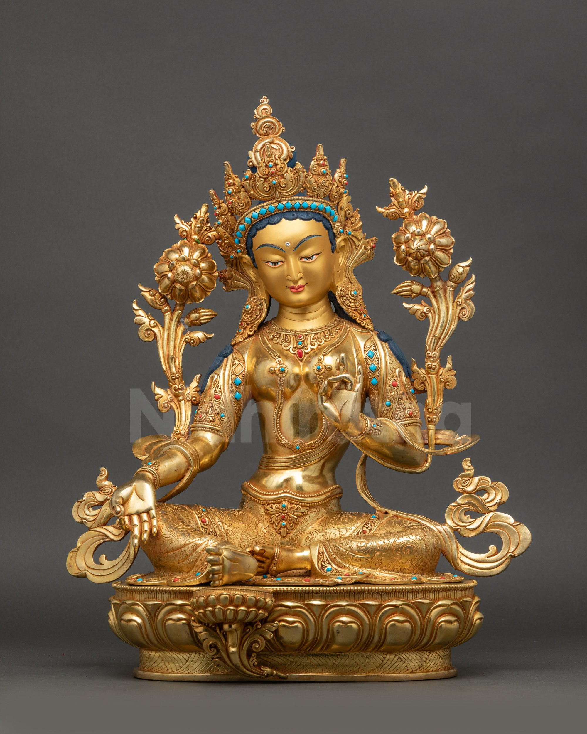 Green Tara Statue front view gold-gilded Nepalese Buddhist sculpture