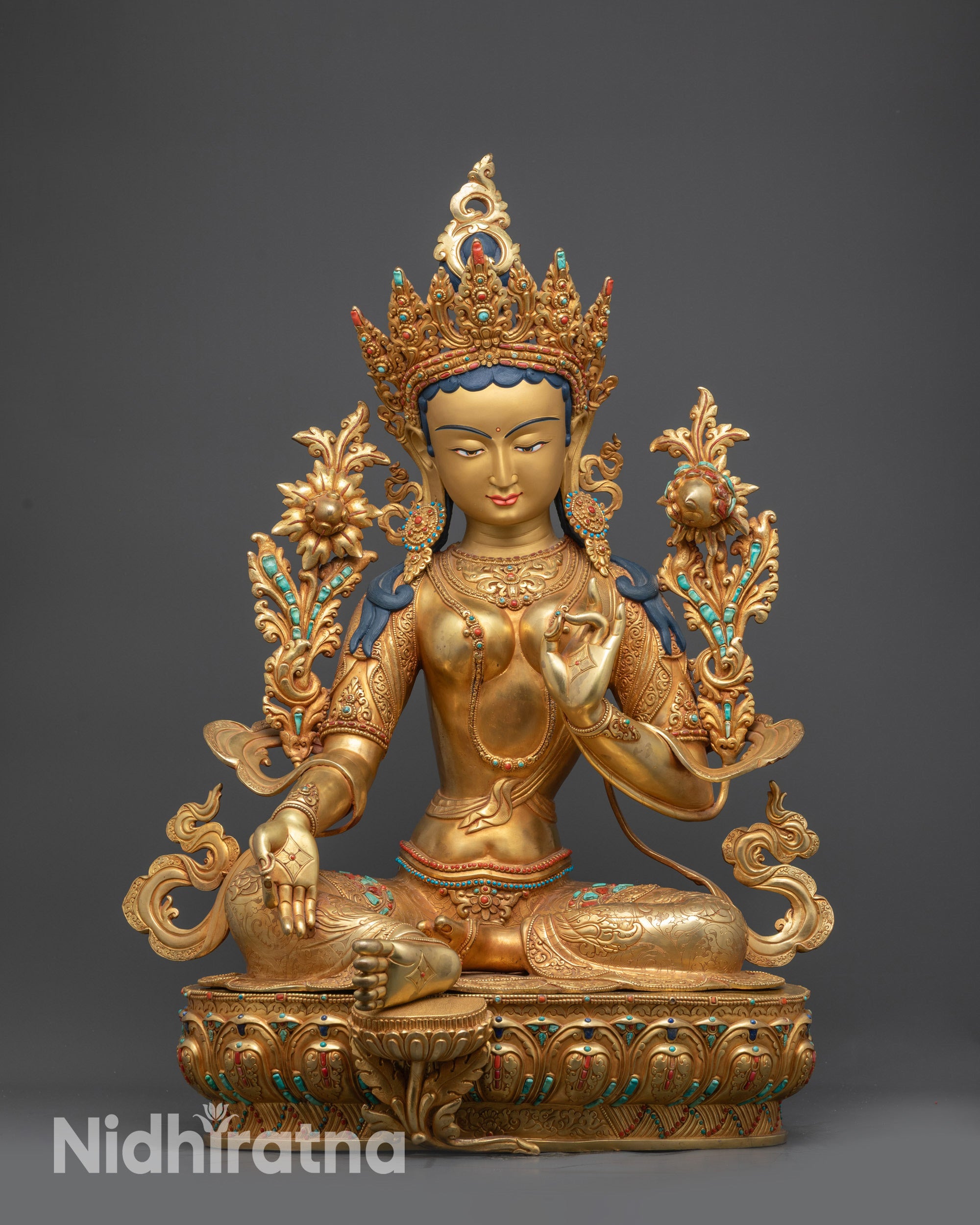 Green Tara Statue front view seated on lotus with crown and utpala flower