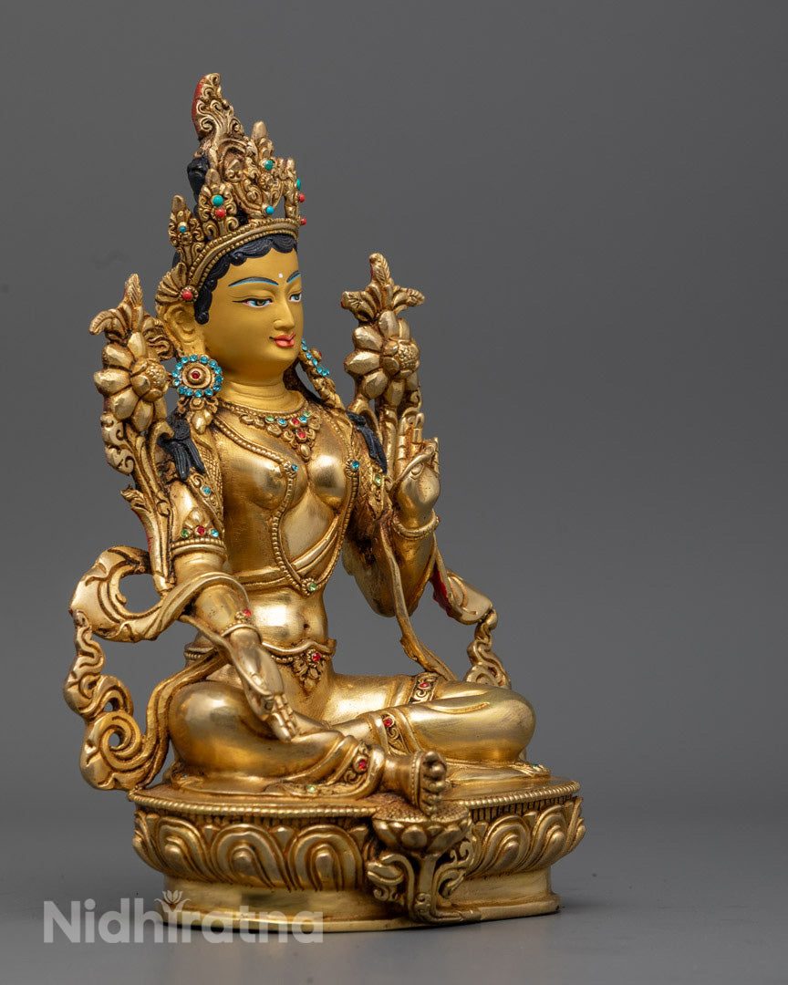 Green Tara Statue highlighting traditional Nepalese lost wax sculpting and ornamental jewelry