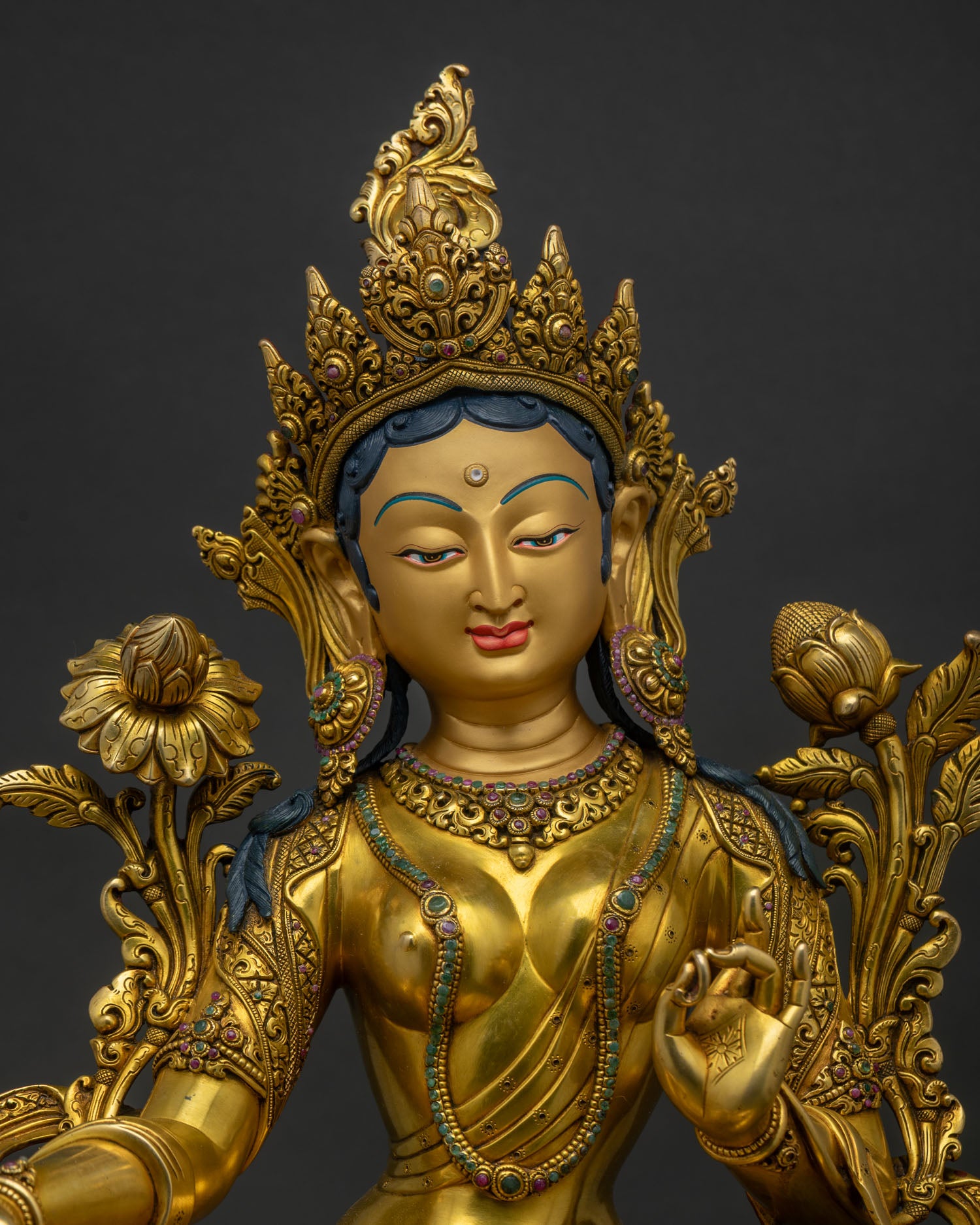 Green Tara Statue regular close up showing gold gilded details and lotus pedestal