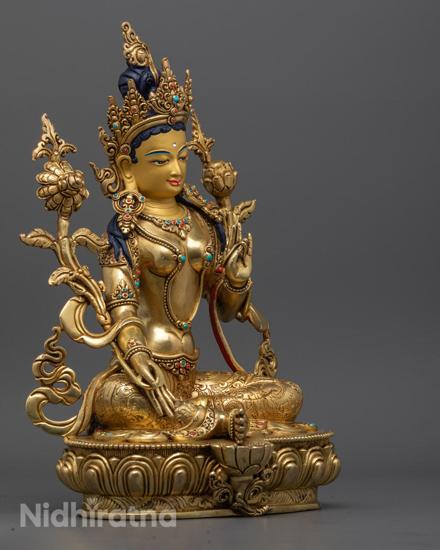 Green Tara Statue's lotus throne, highlighting the exquisite craftsmanship and traditional lost wax method.