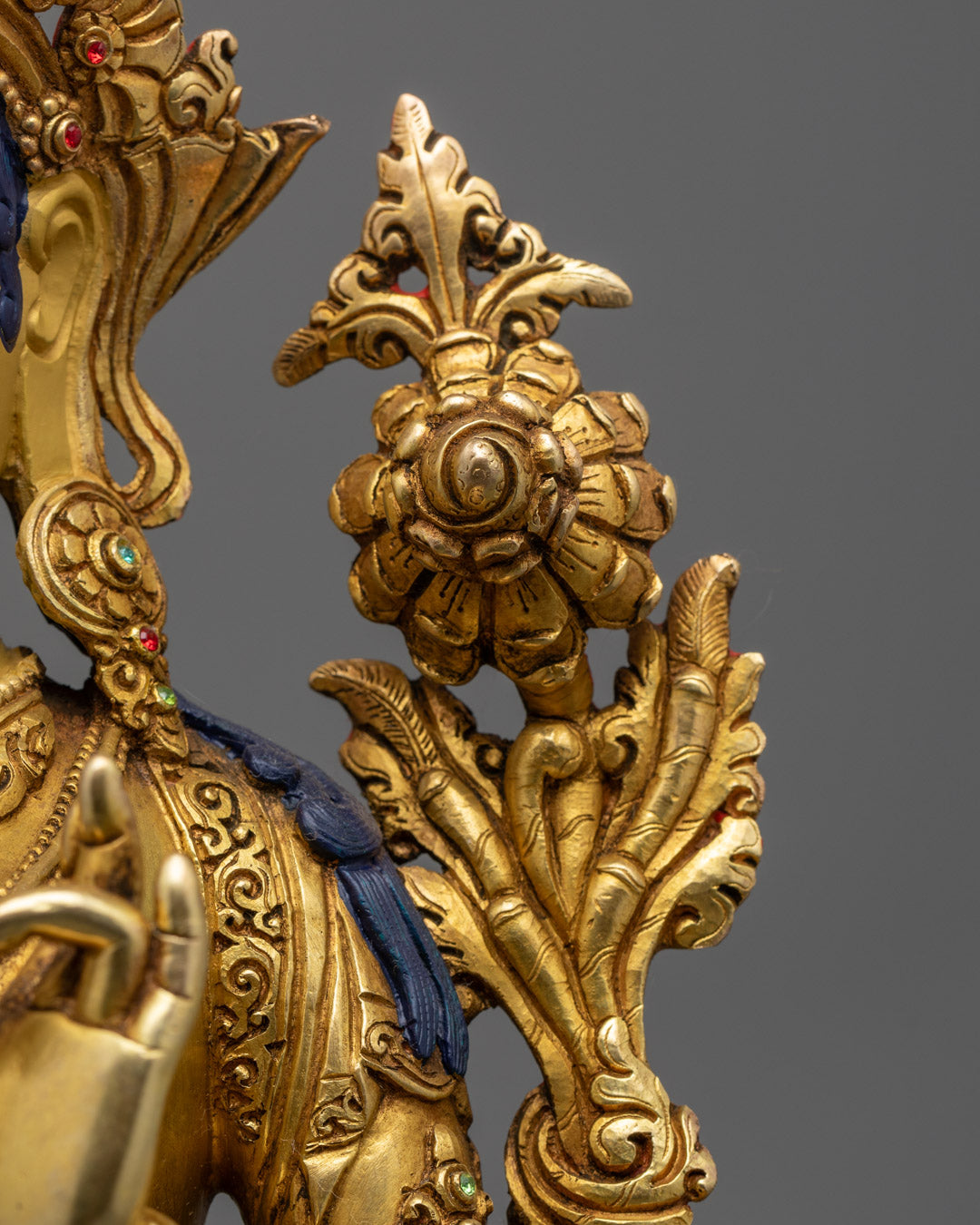 Green Tara Statue seated on a lotus throne, 24K gold-gilded copper with detailed craftsmanship, ideal for altar or home decor.