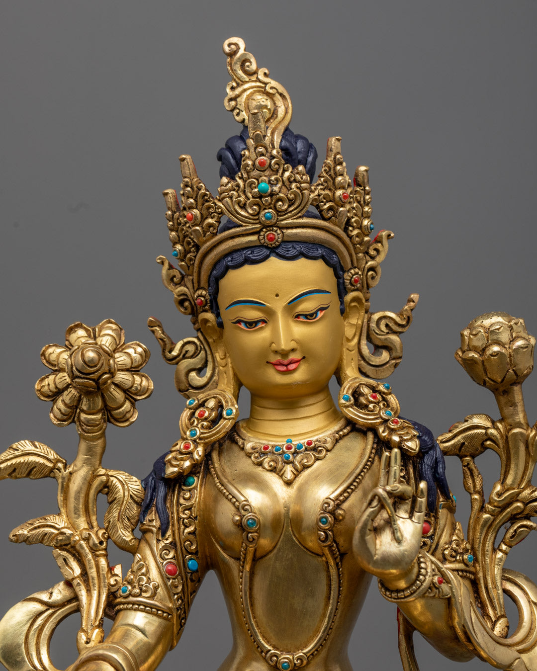 Green Tara Statue seated on a lotus throne, 24K gold-gilded copper with detailed craftsmanship, an ideal centerpiece for altars or spiritual spaces