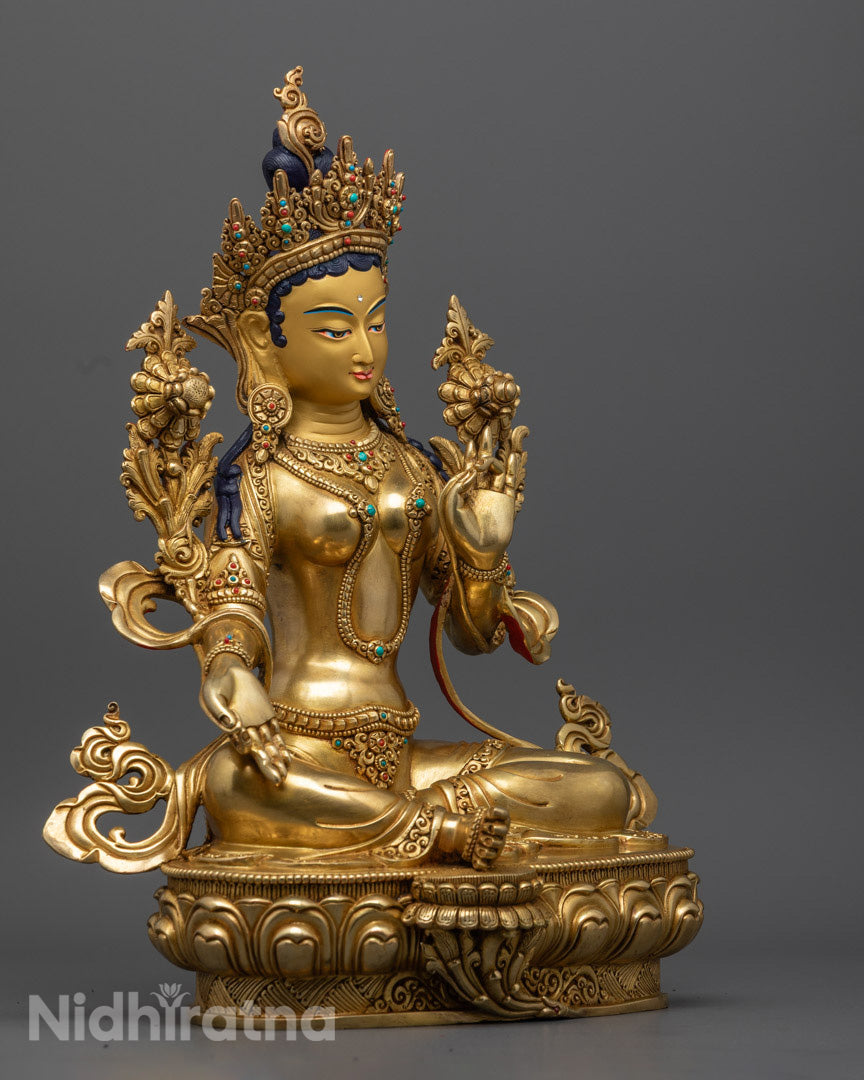 Green Tara Statue showing elegant posture, flowing robes, and traditional Himalayan artistry.