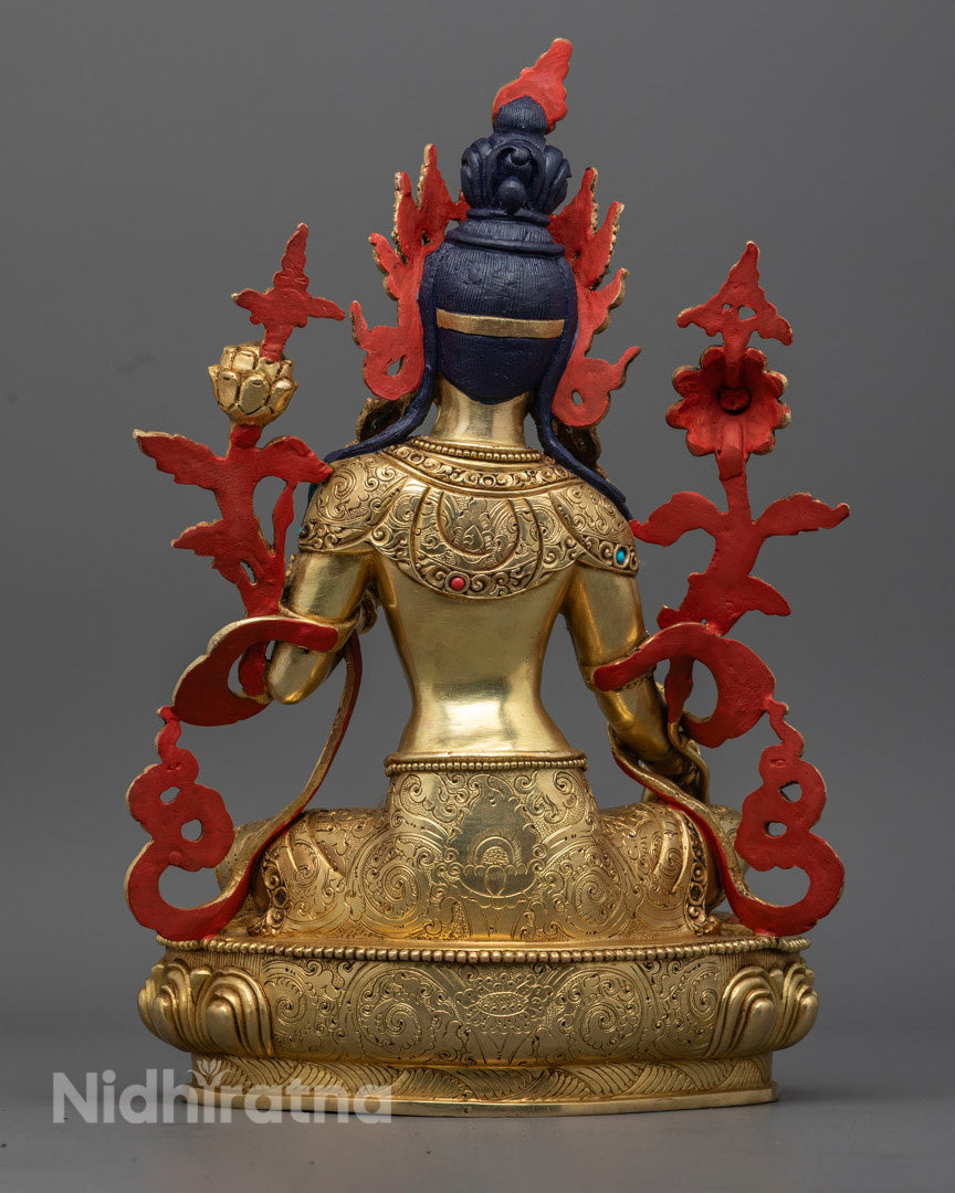 Green Tara Statue with hollow compartment for auspicious mantra, symbolizing compassion and spiritual protection.