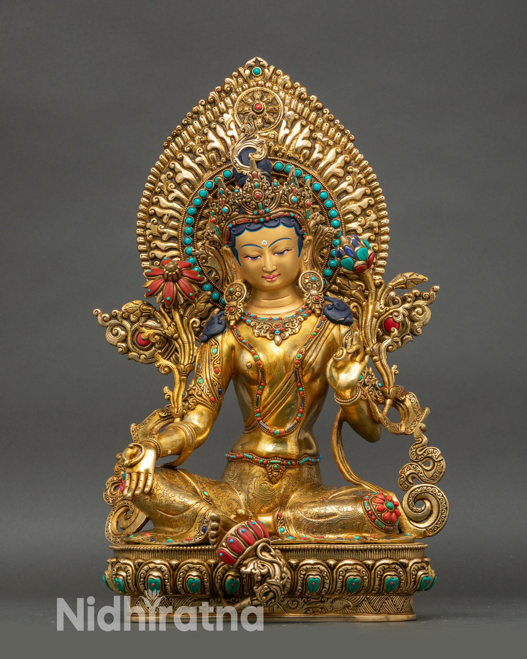 Green Tara statue front view, handcrafted copper with 24K gold-gilded finish