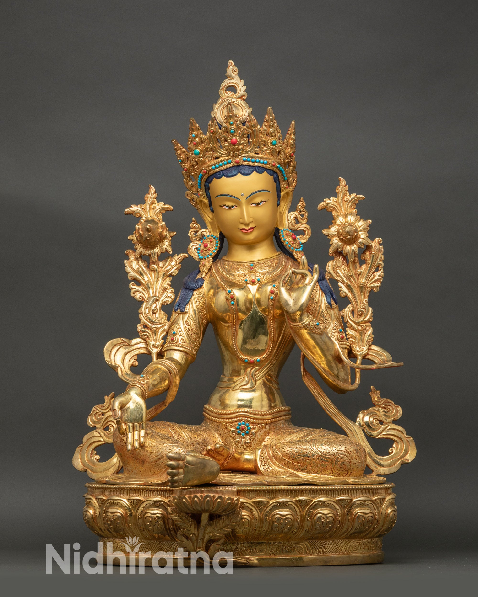 Green Tara statue front view with gold gilded base and copper alloy body