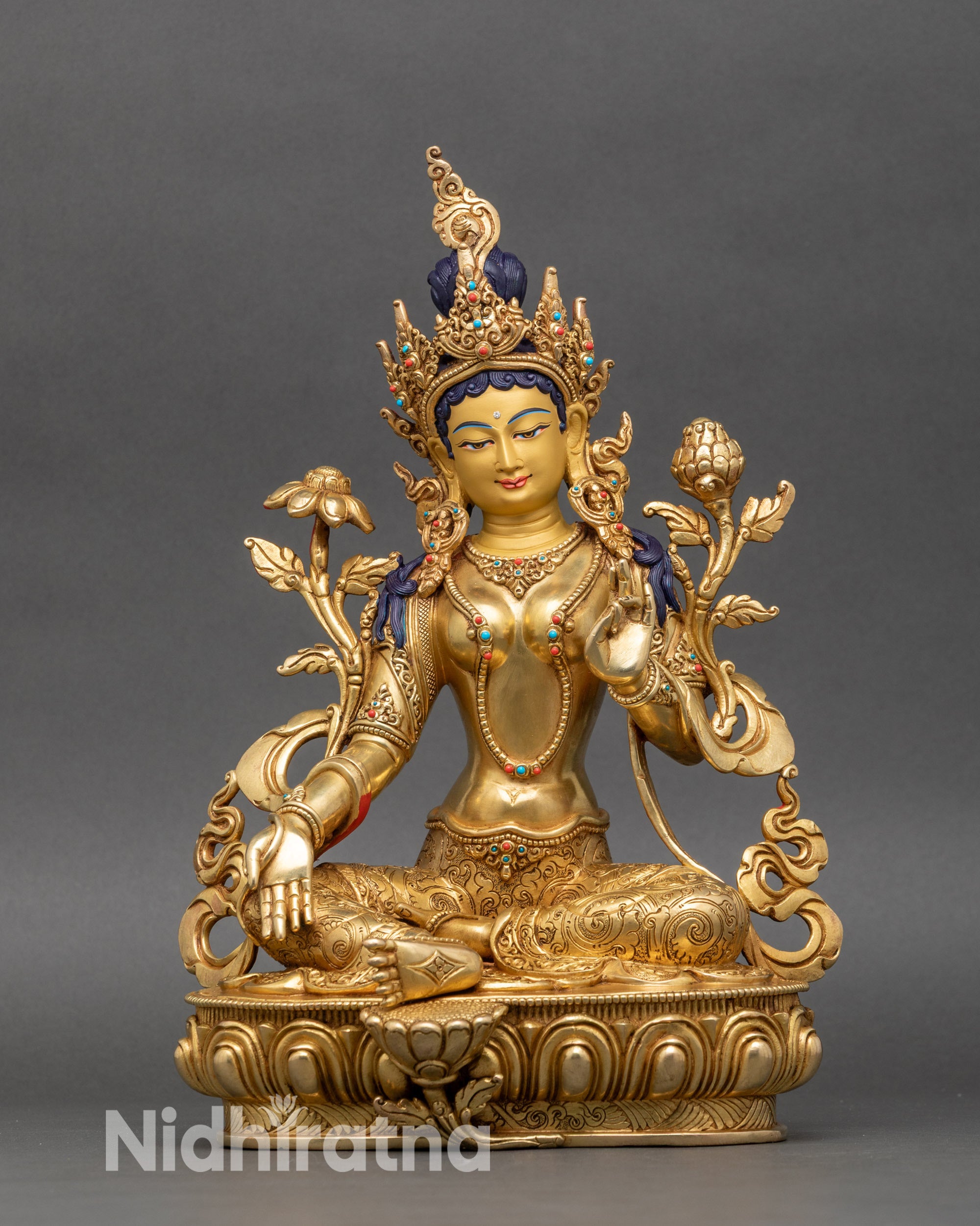 Green Tara statue handcrafted from gold fire-gilded bronze with semi-precious stones and lotus pedestal