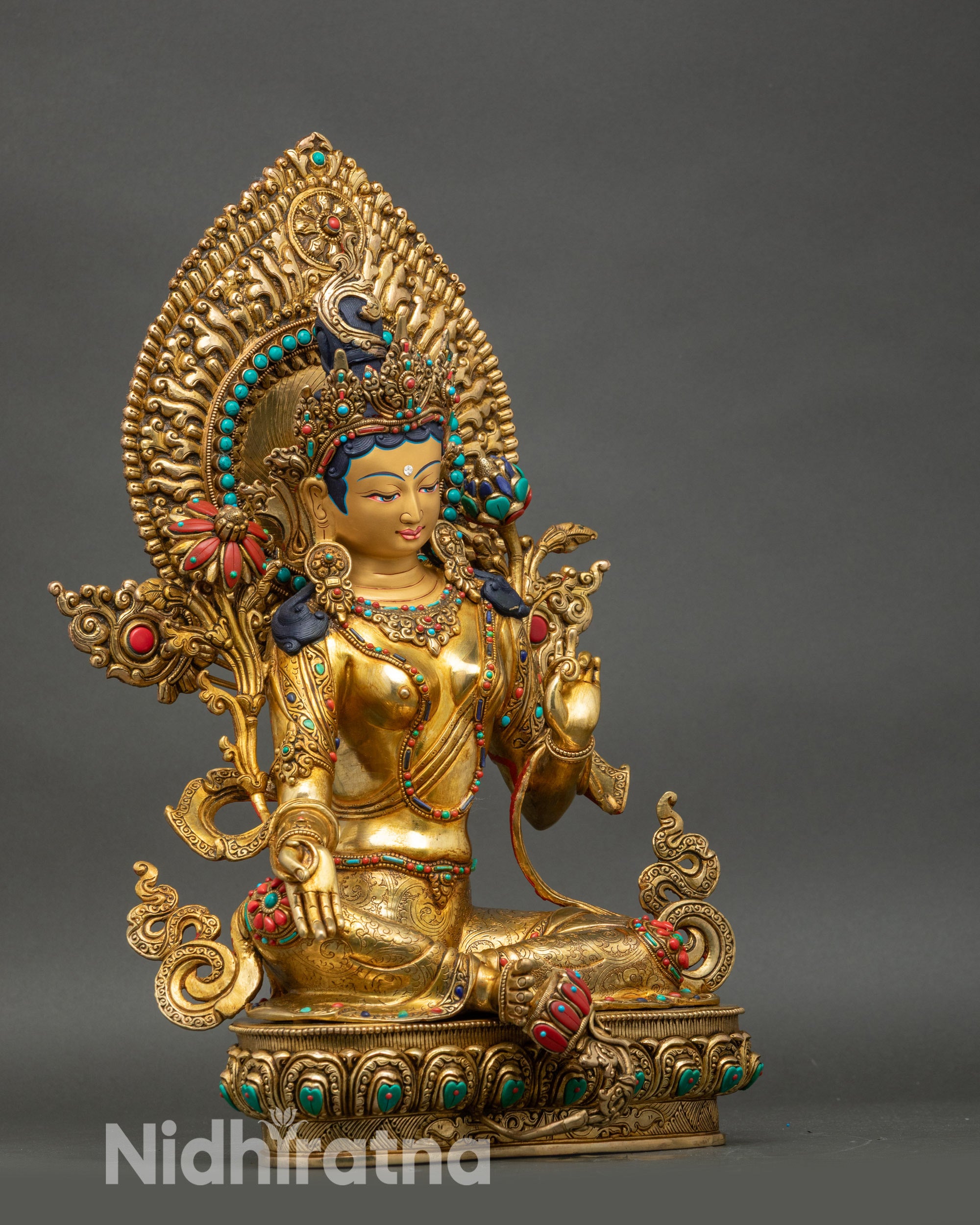 Green Tara statue right side view, handcrafted Nepalese copper Buddhist art