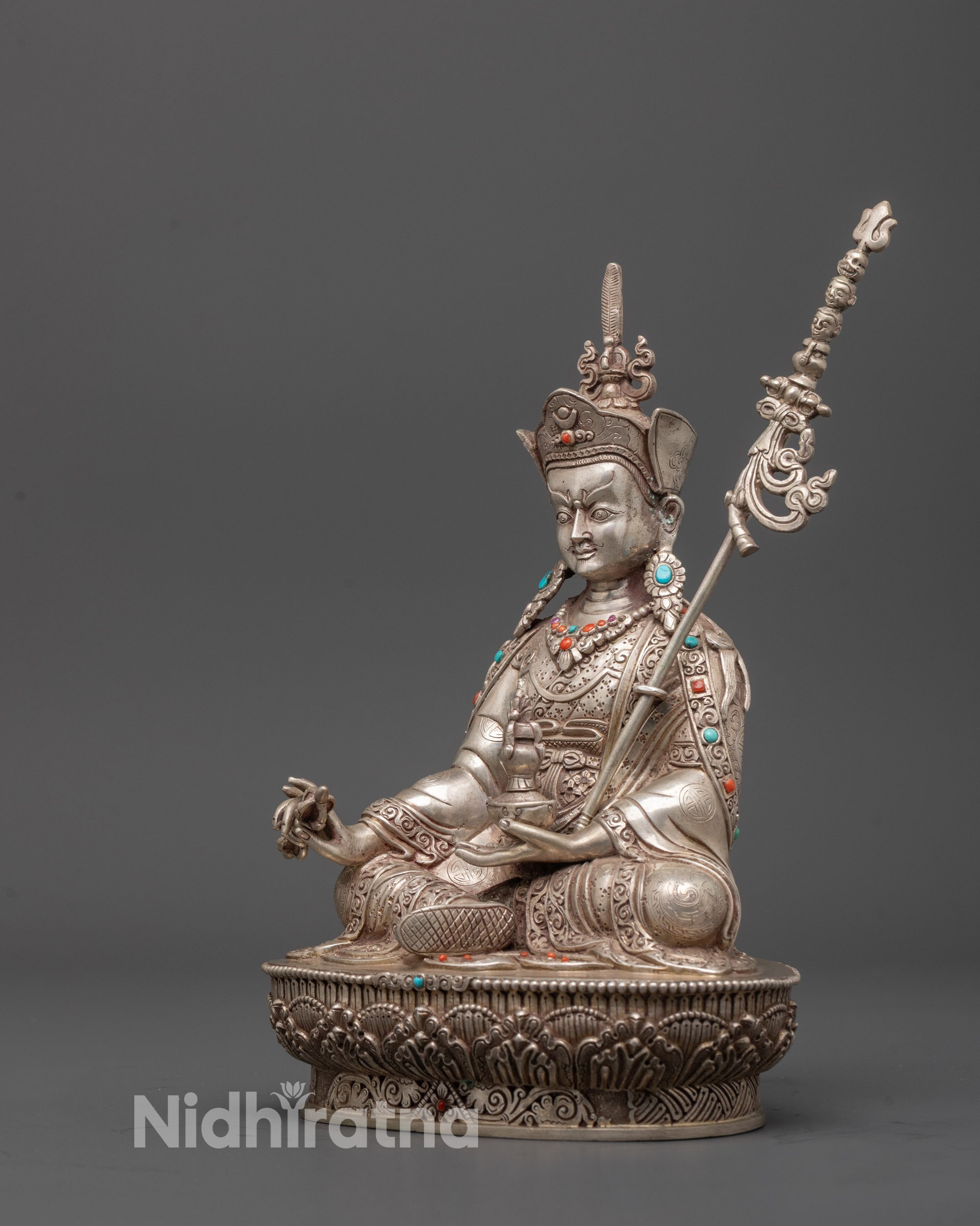 Handmade Pure Silver Guru Rinpoche Statue | Spiritual Protection Icon