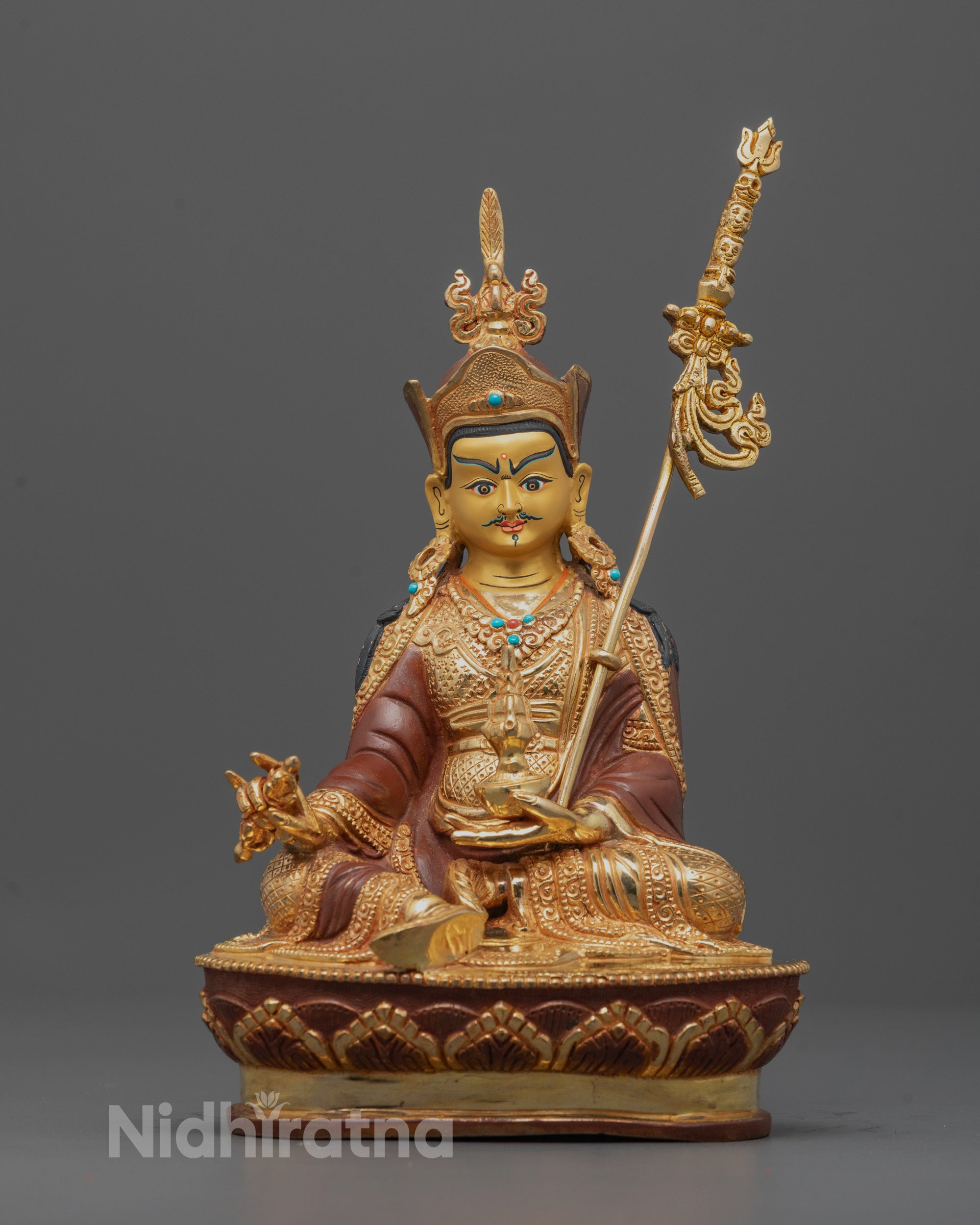 front angle Guru Rinpoche Statue with vajra, khatvanga, and gold-gilded face, full sacred detail