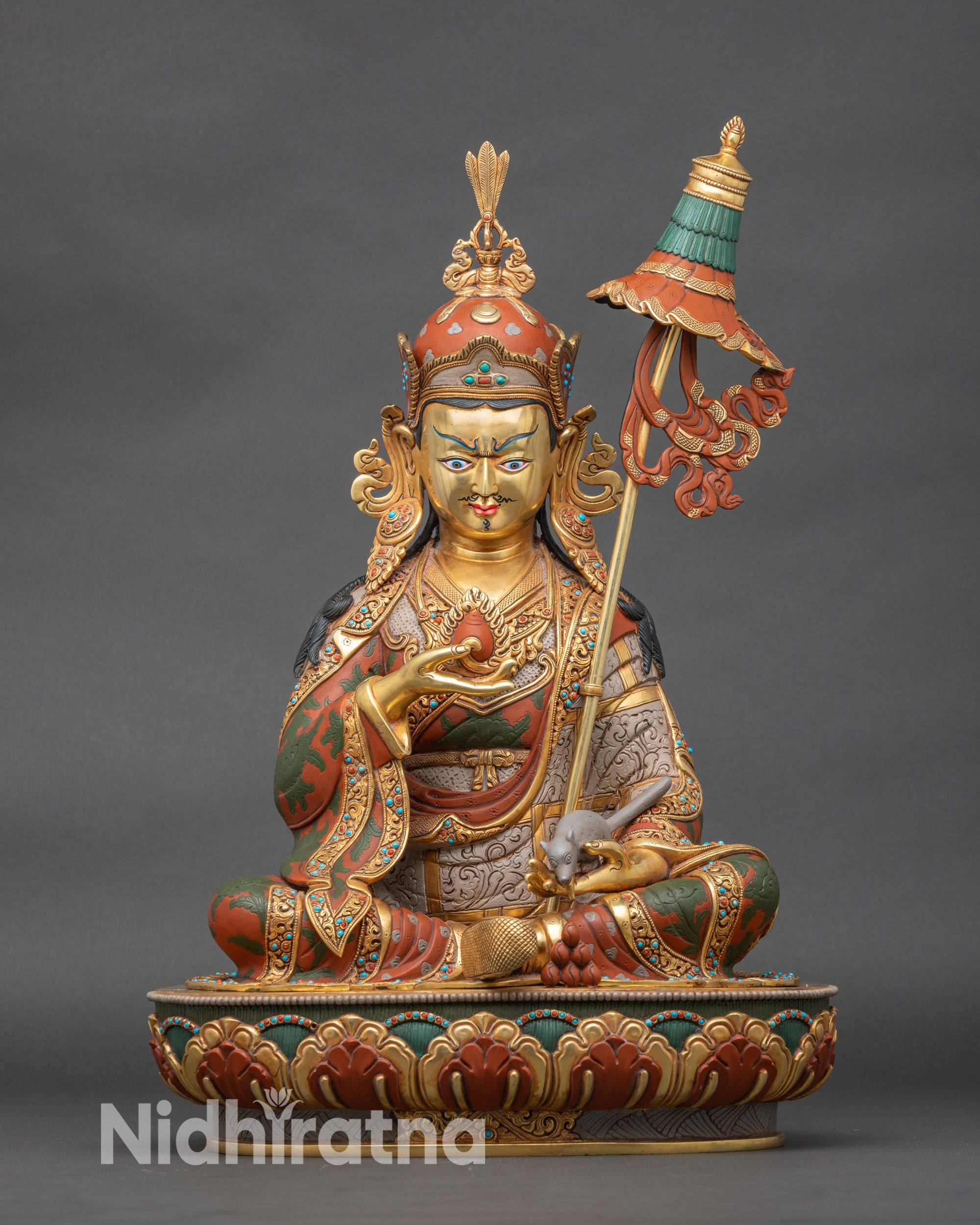 Guru Orgyen Norlha statue front view, 24K gold fire-gilded copper Nepal