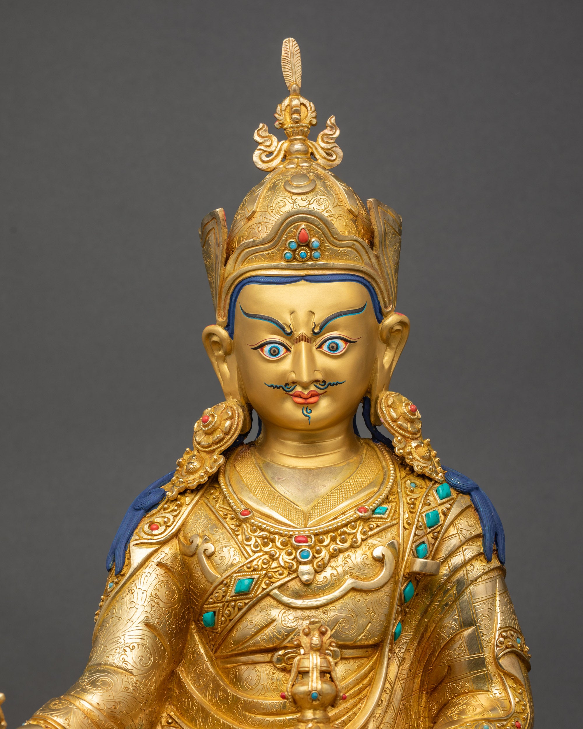 Close-up of authentic Guru Rinpoche Statue handcrafted by Nepalese Newari artisans