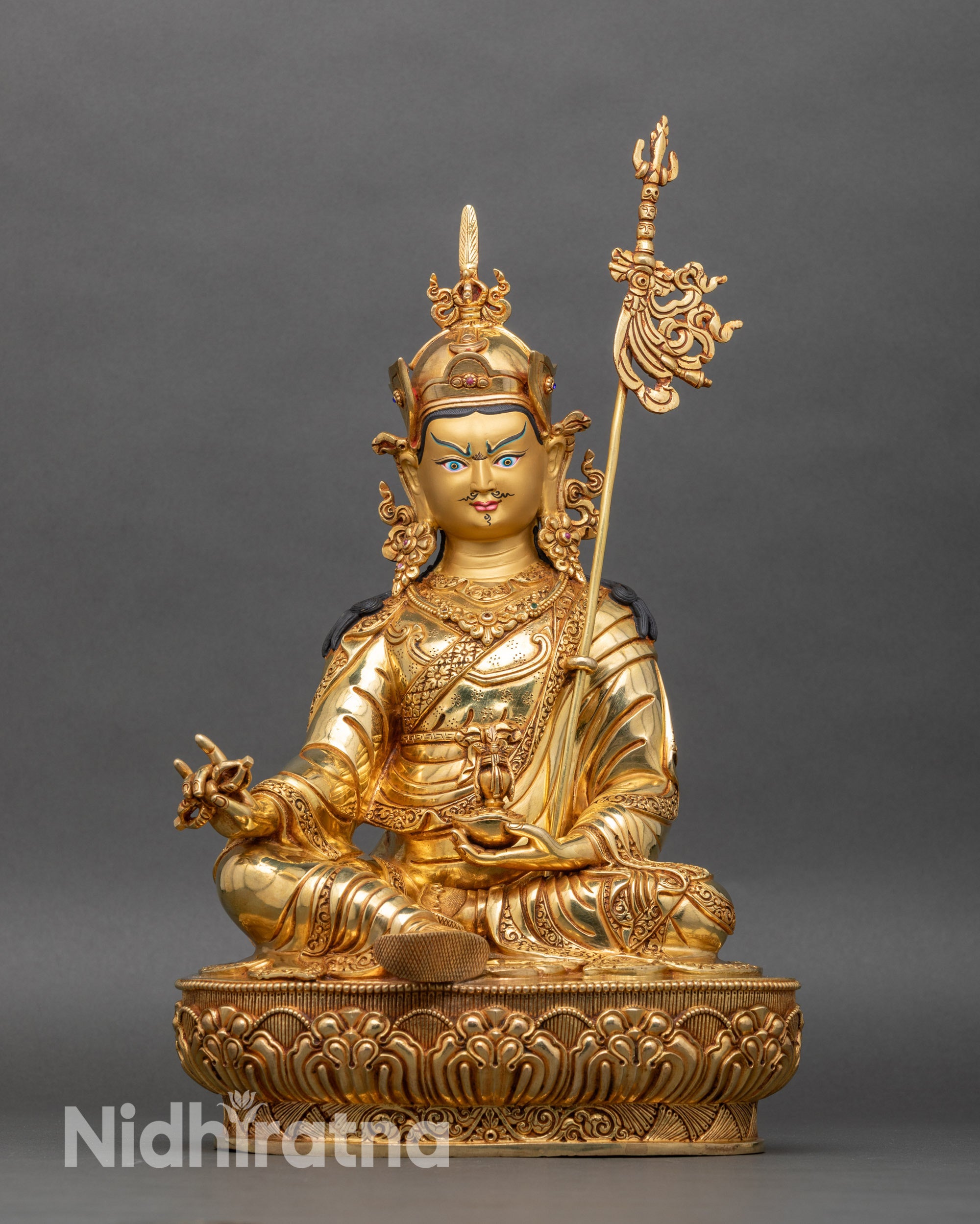 Guru Padmasambhava statue full view, handcrafted copper with gold fire-gilding