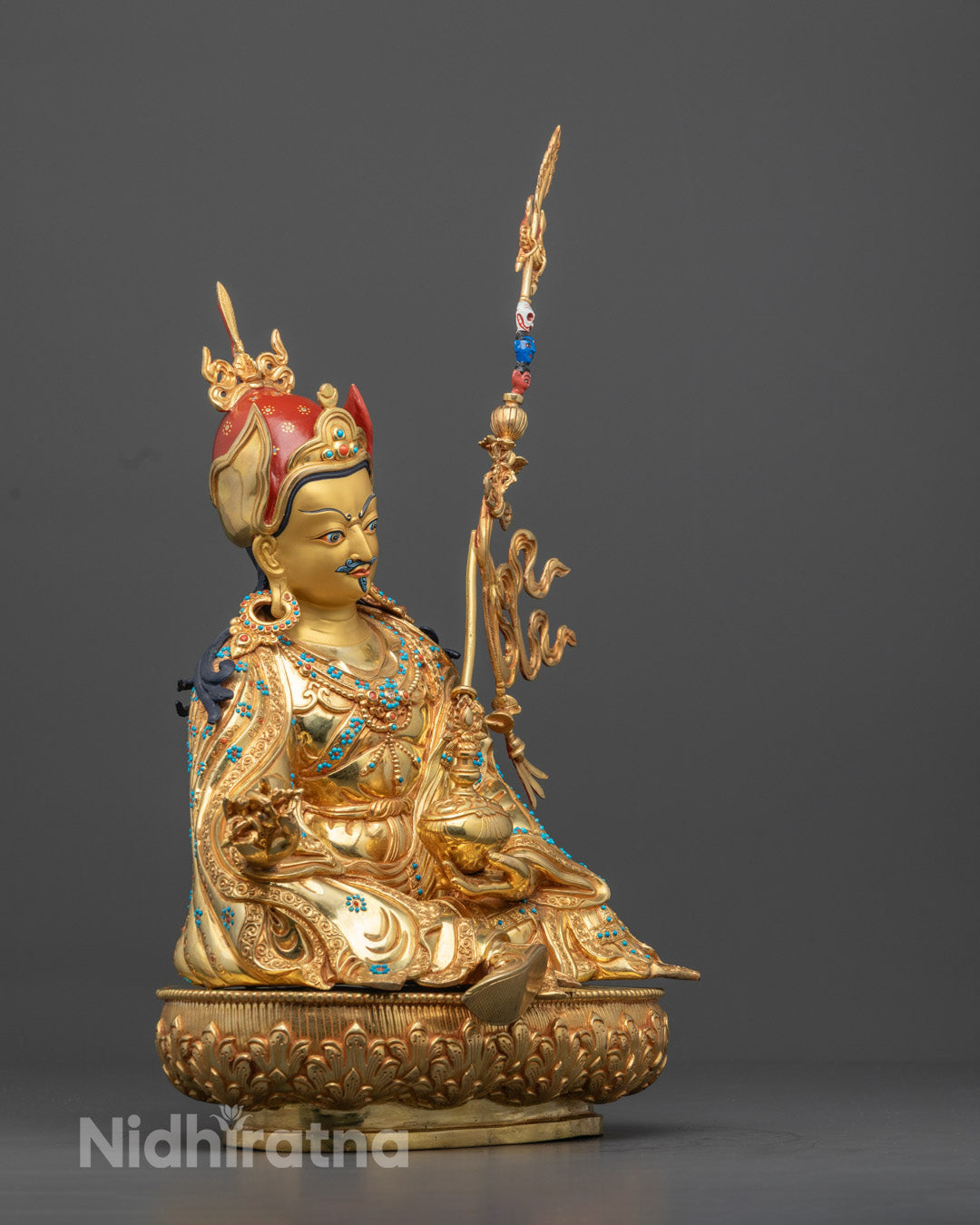 Guru Rinpoche Statue | Spiritual Tibetan Buddha Sculpture | Adorned with Semi-precious Stones