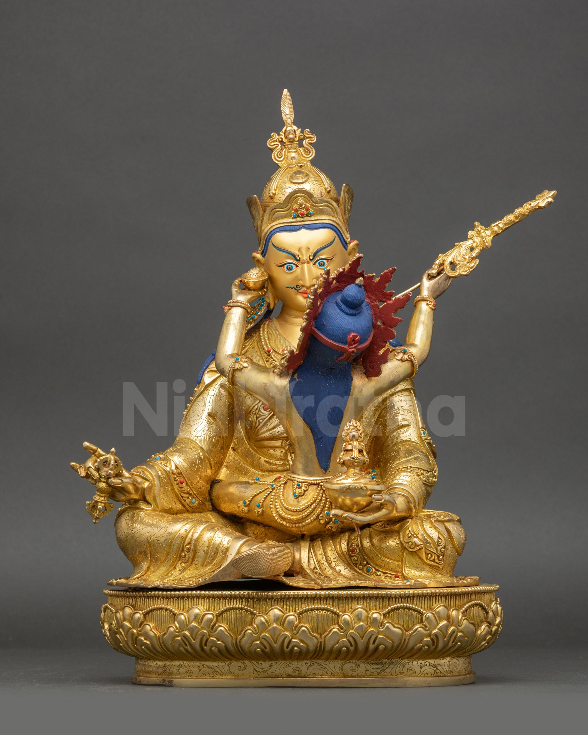 Guru Rinpoche Yab-Yum statue front view gold-gilded Nepalese sculpture