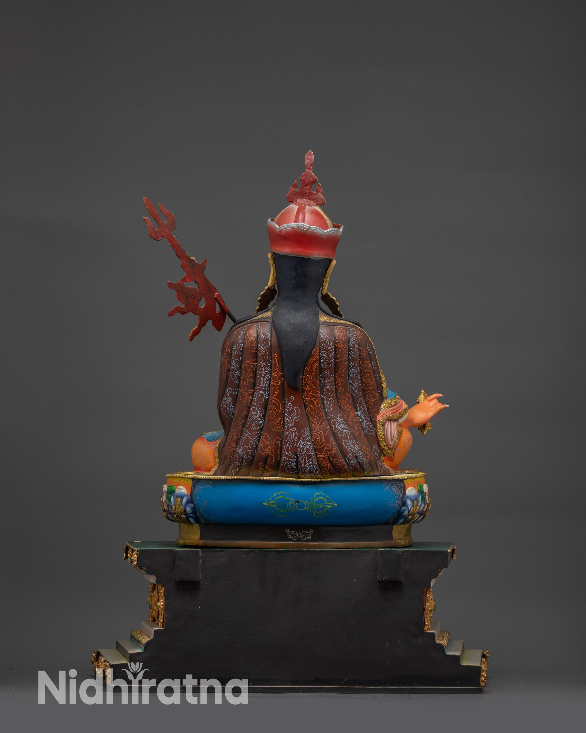 Guru Rinpoche on Lion Throne back view with carvings on robe and semi-precious stone embellishments