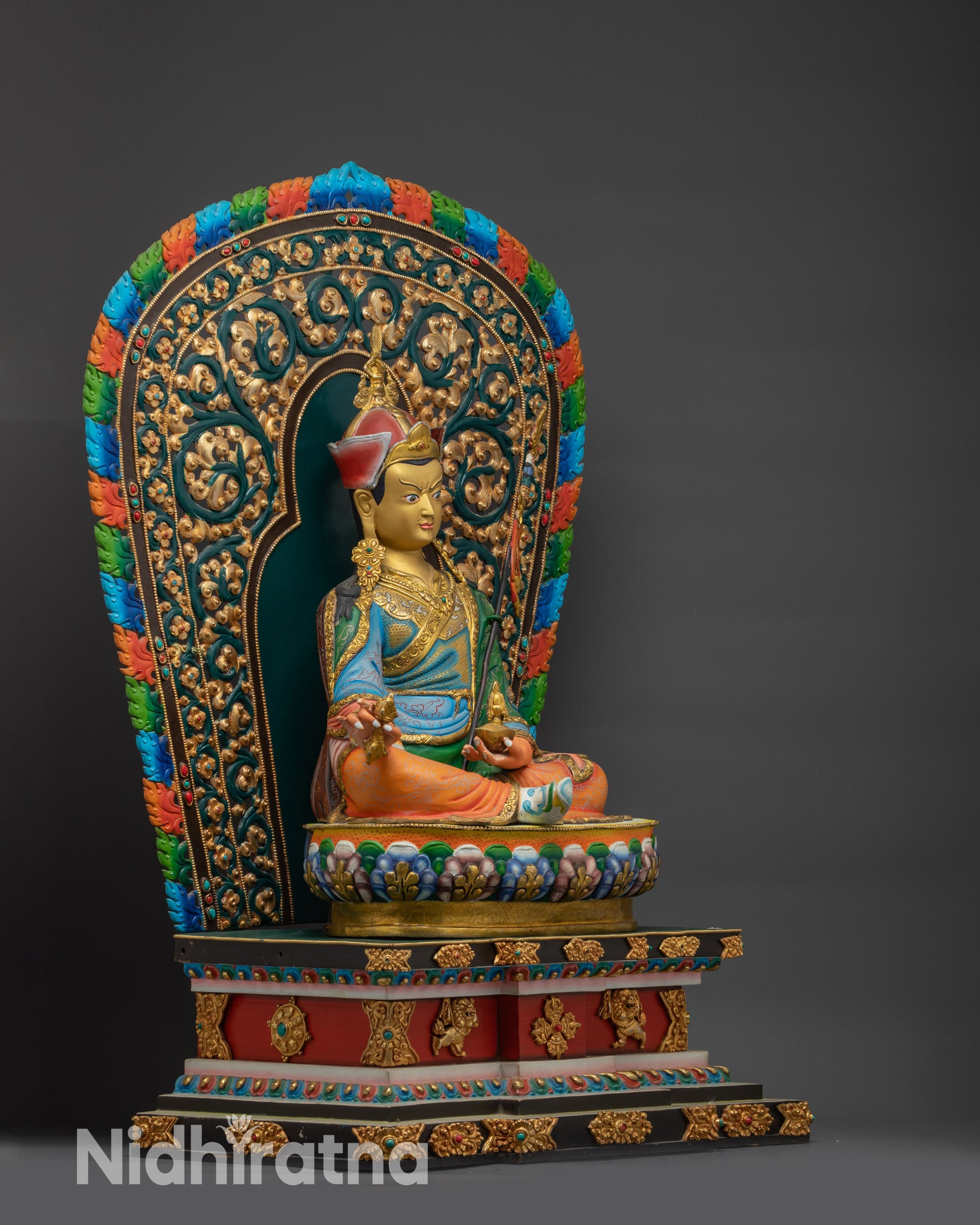 Guru Rinpoche on Lion Throne right side view with copper throne and lion guardians