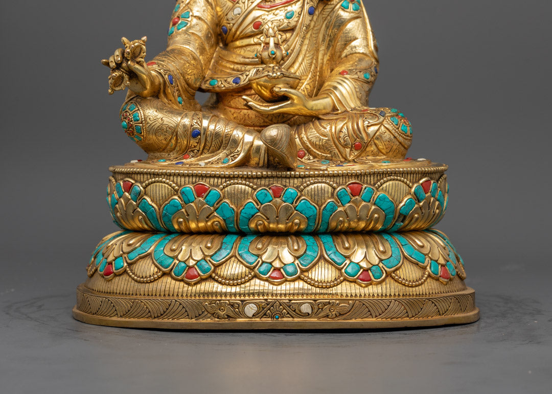 Guru Rinpoche statue featuring the hollow consecration chamber designed for inserting sacred relics or mantras.
