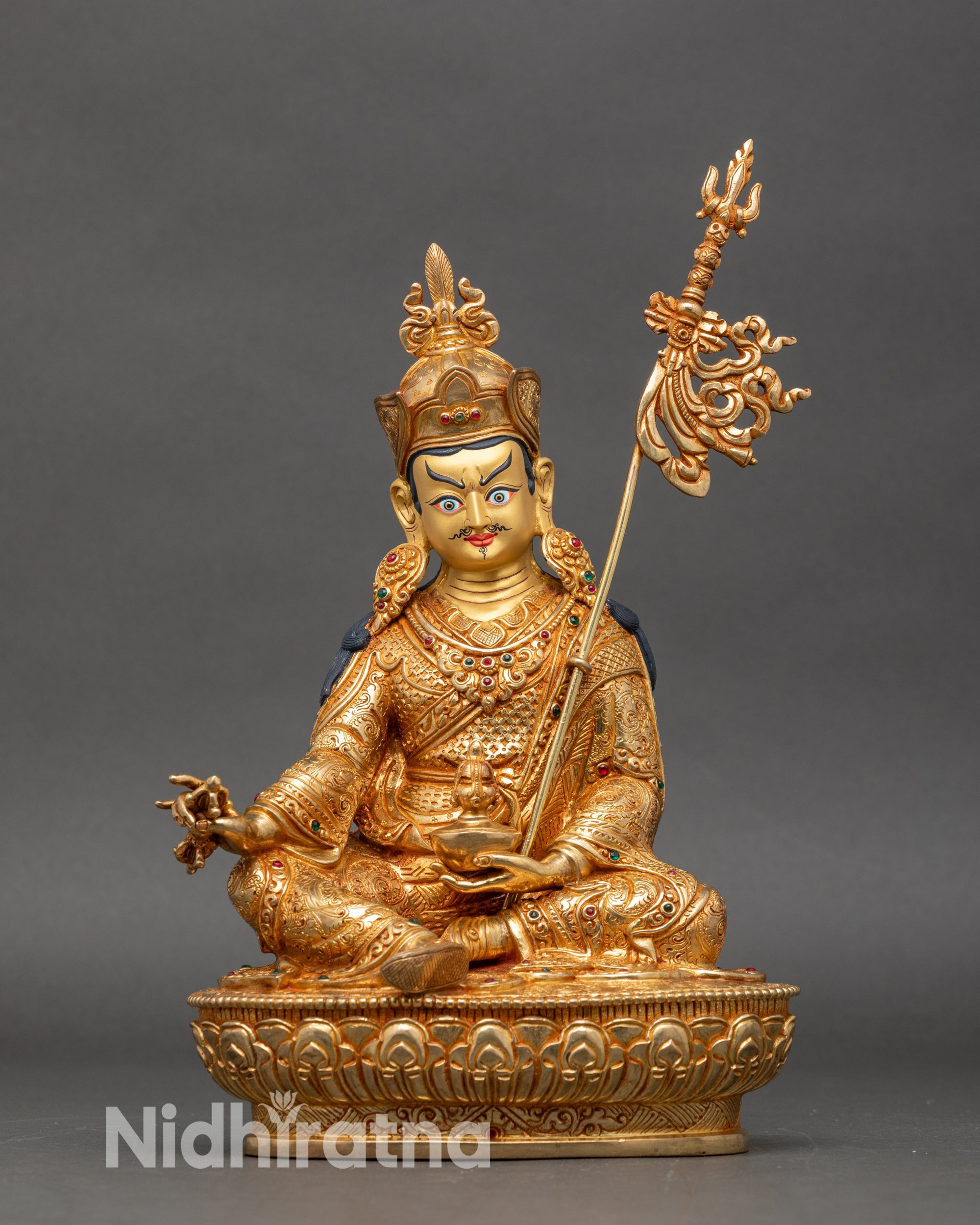 Guru Rinpoche statue front view, handcrafted Nepalese copper with 24K gold face